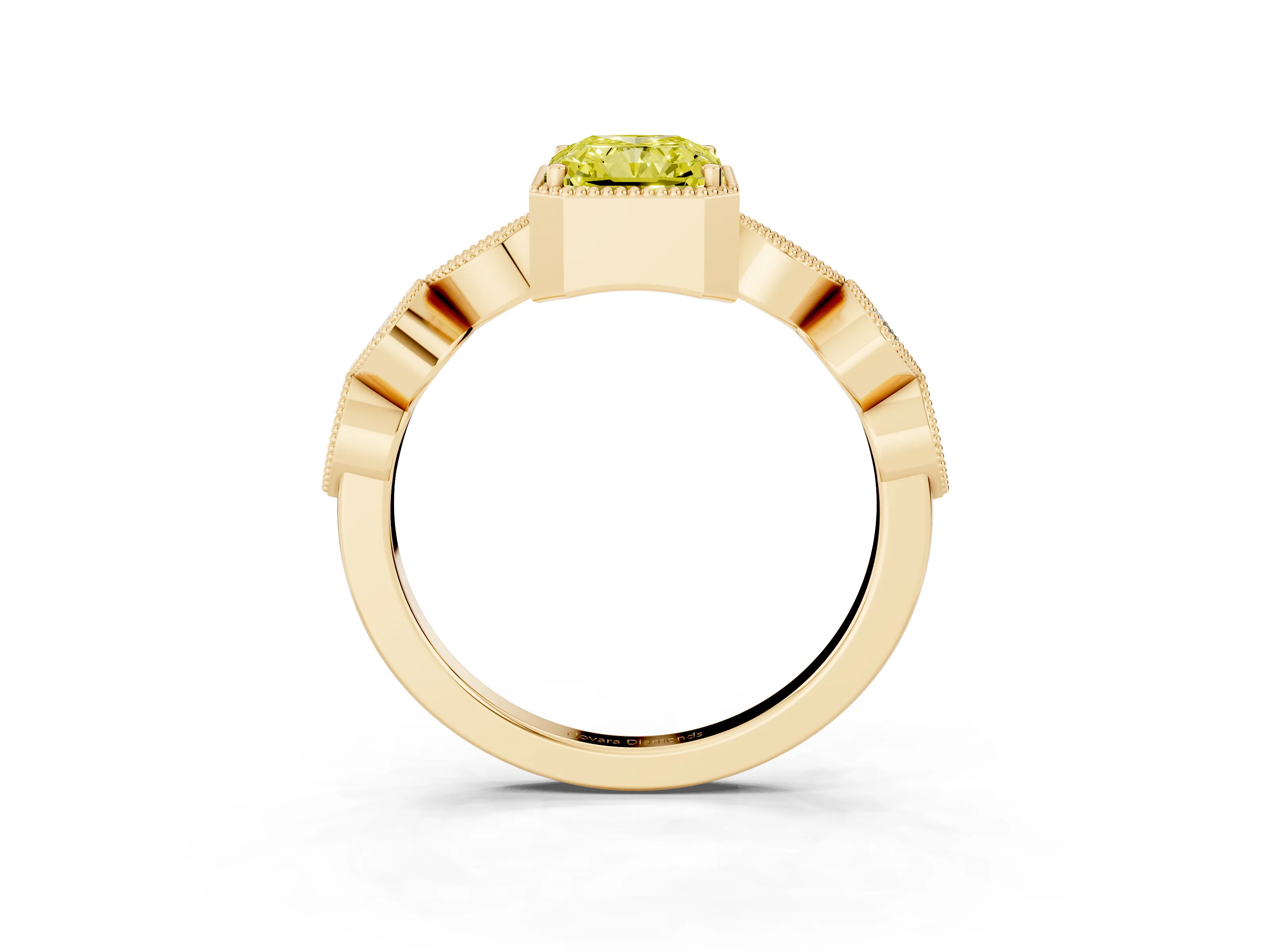 Fancy Yellow Radiant Cut Diamond Vintage-Inspired Milgrain Ring Set in Yellow gold with Marquise Stations of Round Accents