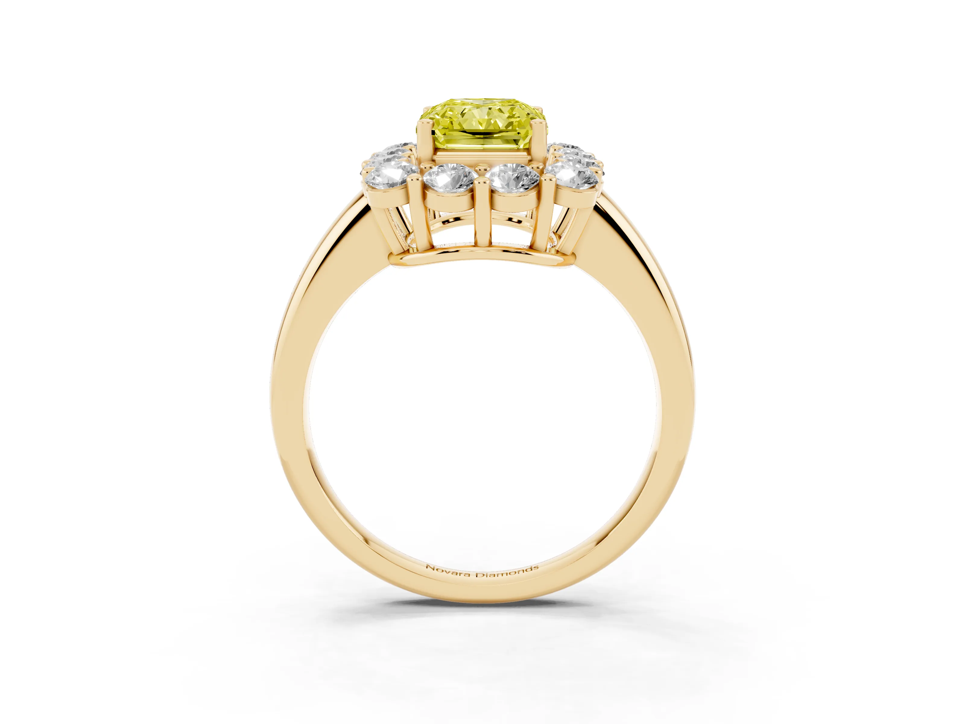Fancy Yellow Radiant Cut Diamond Halo Cluster Engagement Ring Set in Yellow gold with Polished Band and Prong Setting