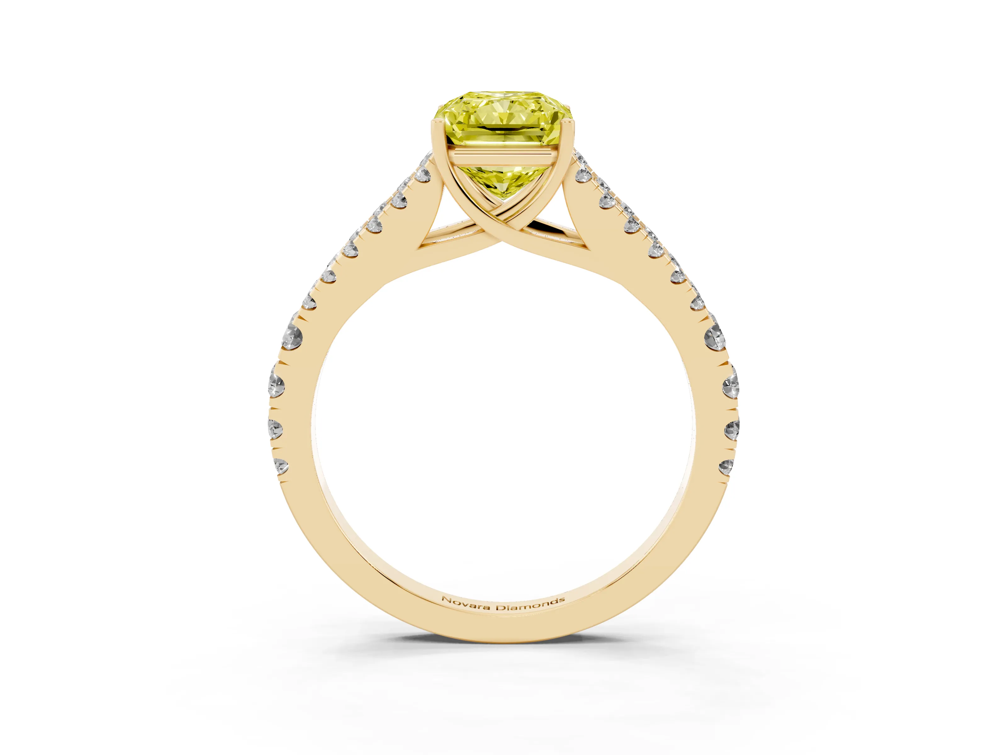 Fancy Yellow Radiant Cut Diamond Split Shank Pavé Engagement Ring Set in Yellow gold with Prong-Held Center Stone