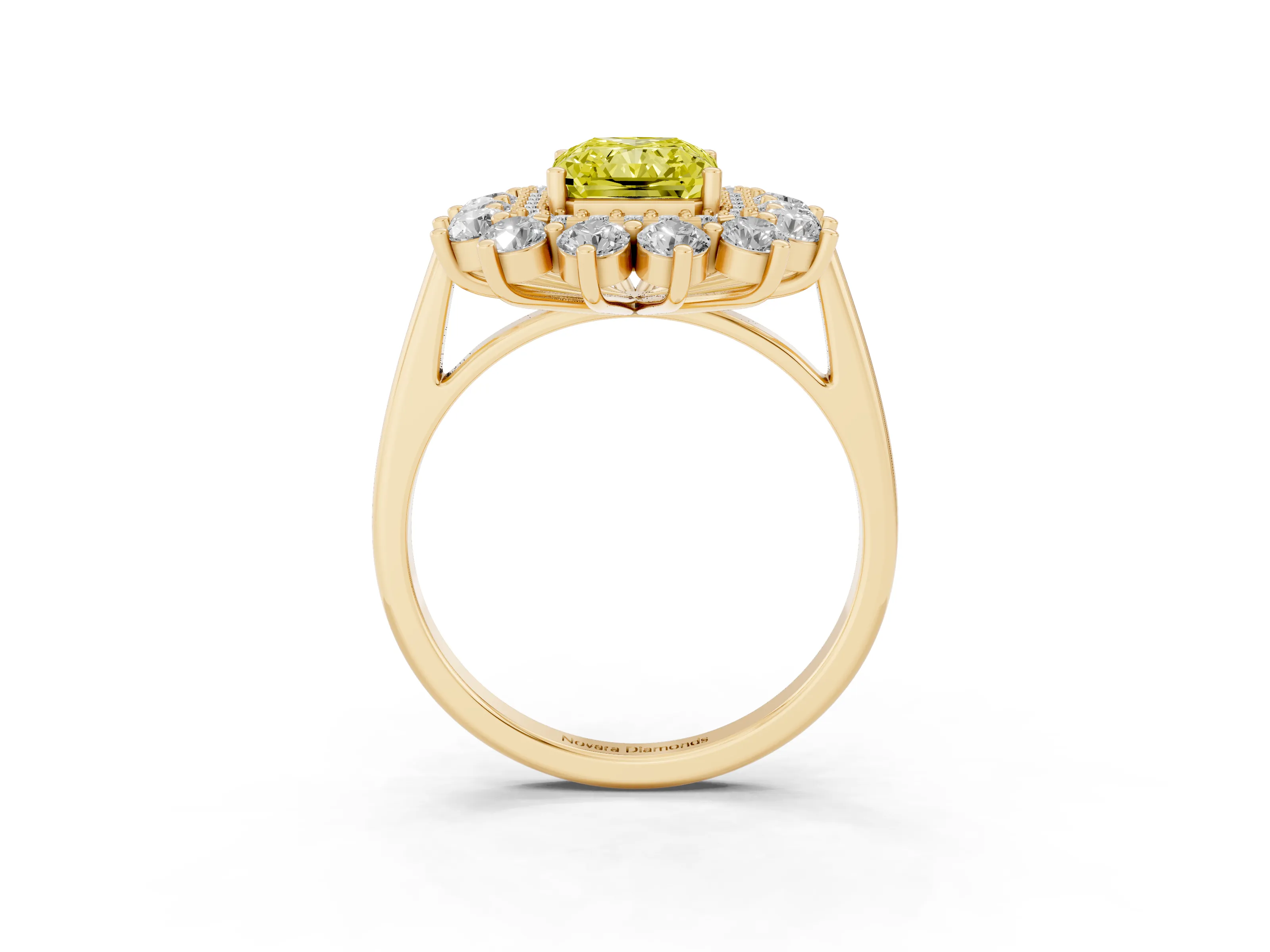 Fancy Yellow Radiant Cut Diamond Floral Double Halo Ring Set in Yellow gold with Round Petals