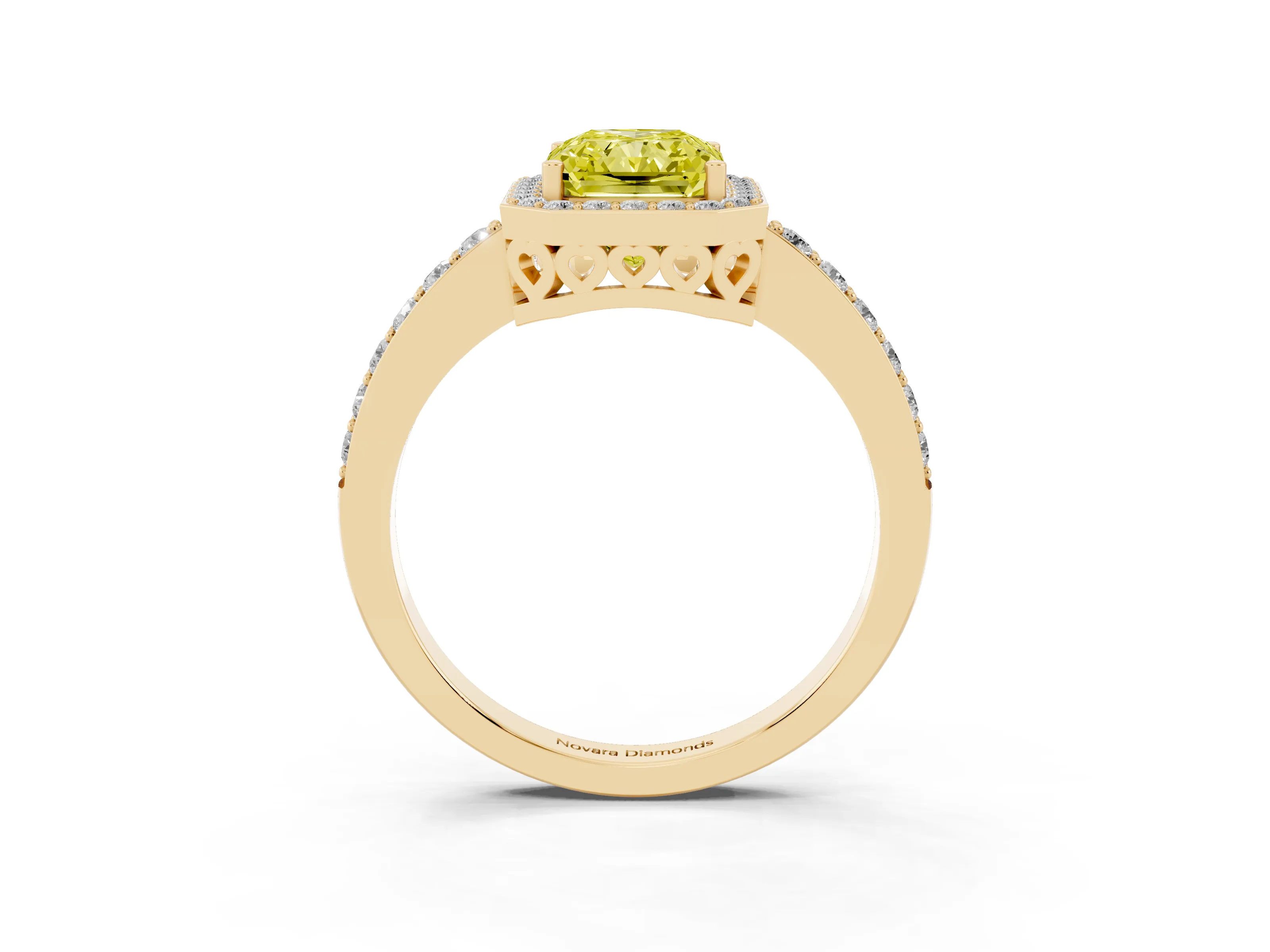Fancy Yellow Radiant Cut Diamond Halo Ring Set in Yellow gold with Pavé-Setting Band and Open Prong Center