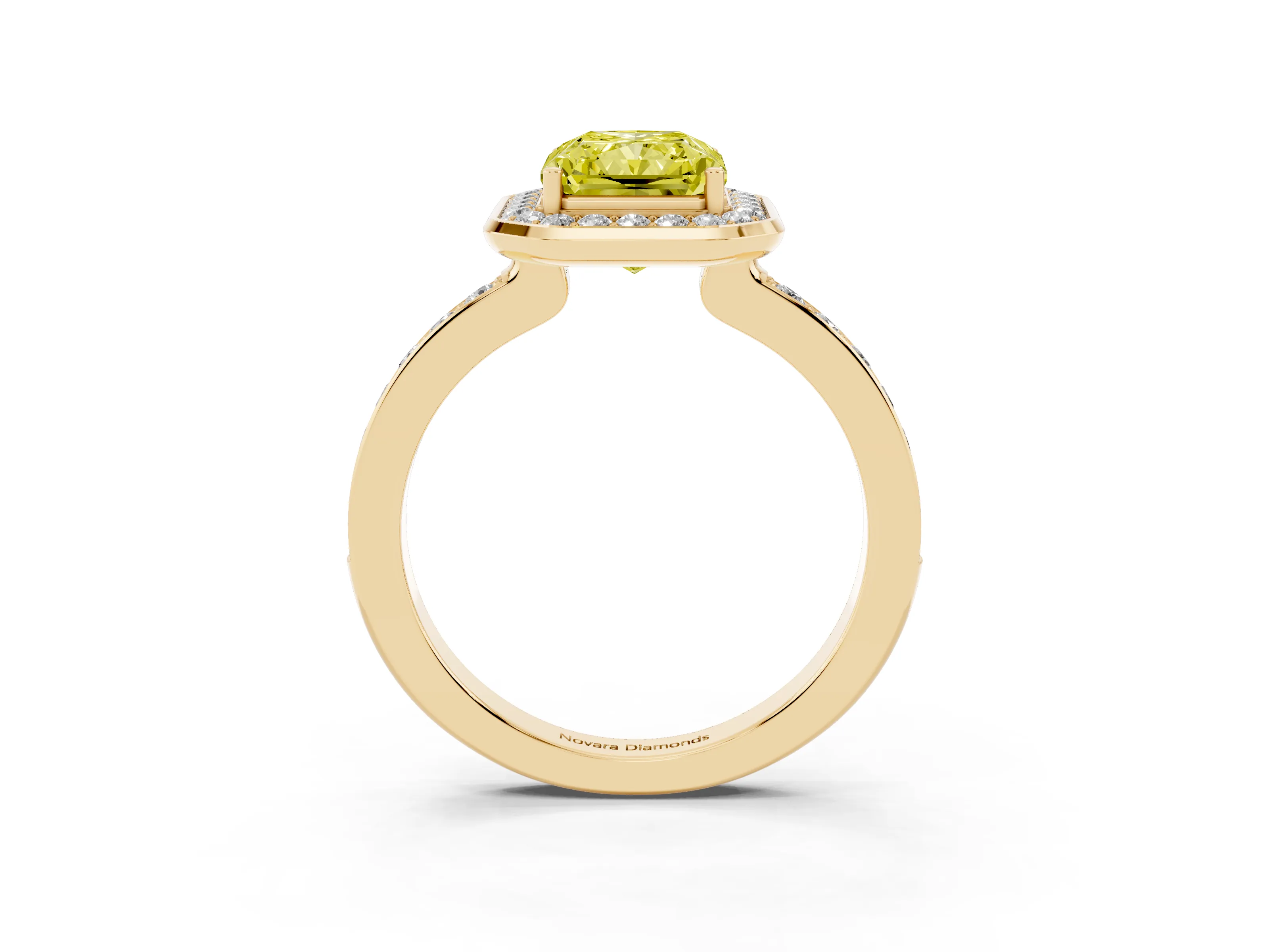 Fancy Yellow Radiant Cut Diamond Halo Ring Set in Yellow gold with Bezel Frame and Pavé Band