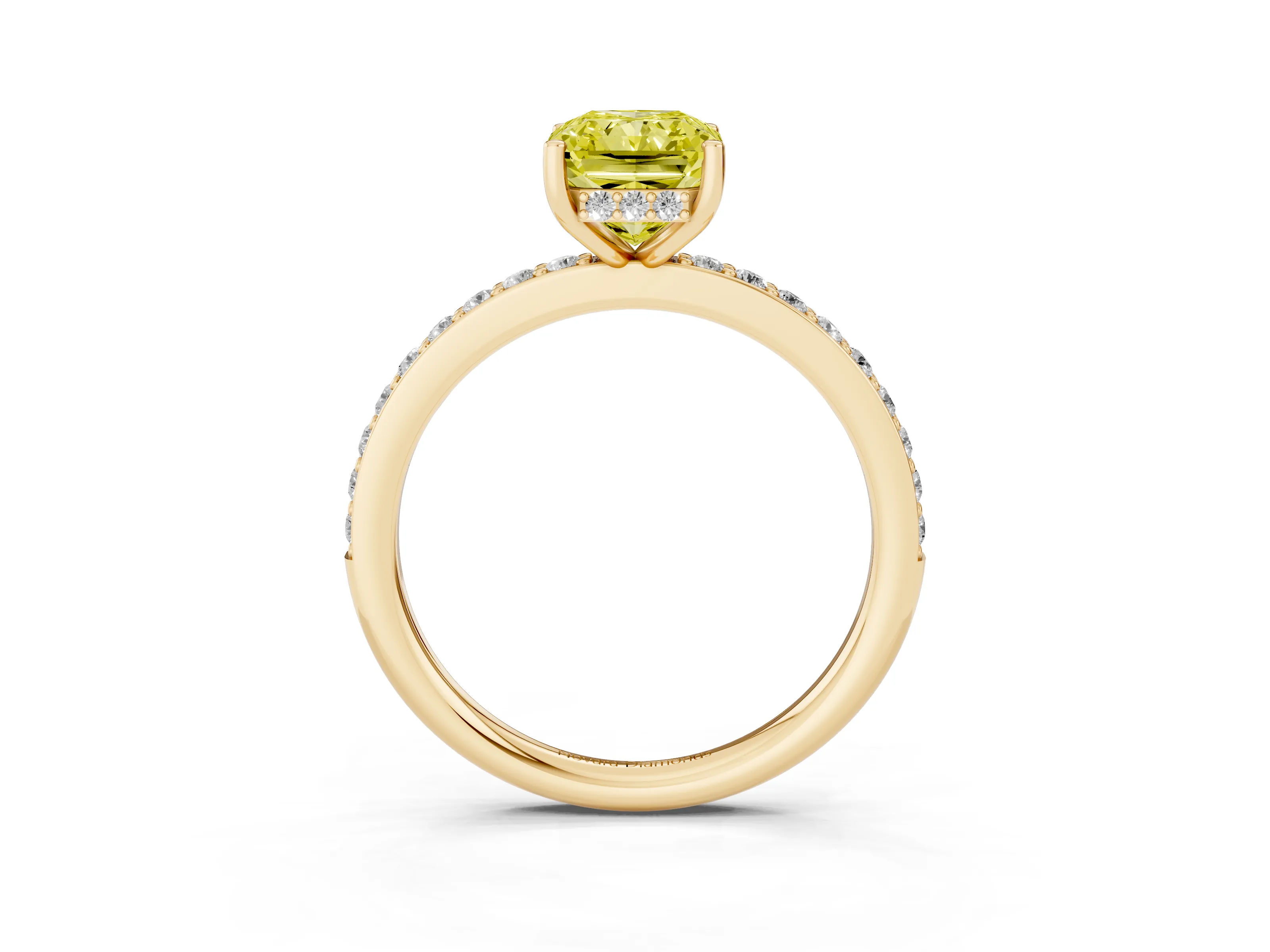 Fancy Yellow Radiant Cut Diamond Pavé Band Ring Set in Yellow gold with Prong-Set Center Stone