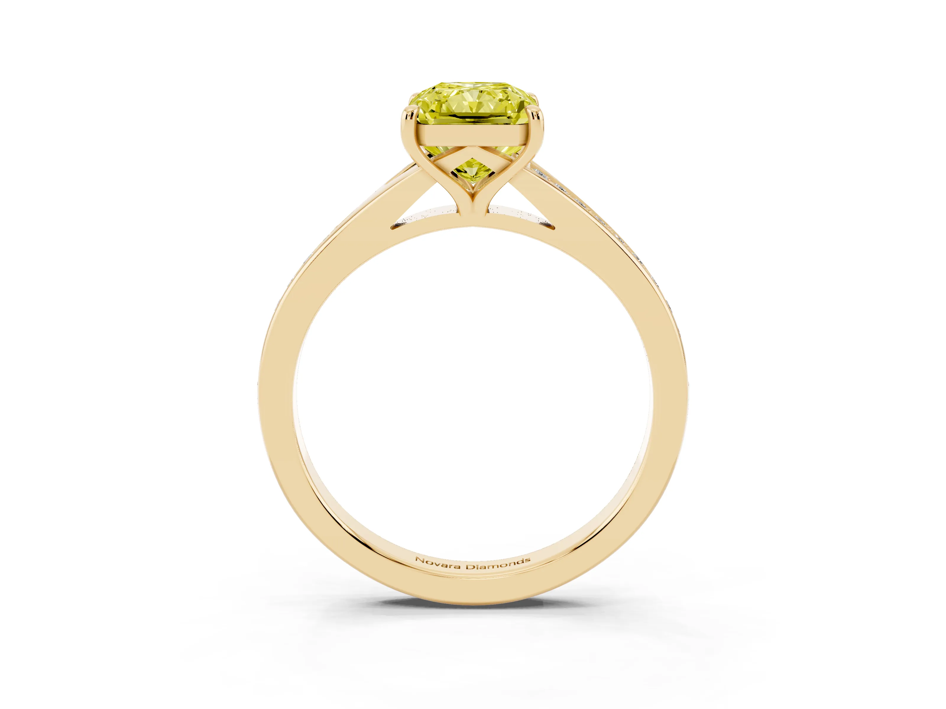 Fancy Yellow Radiant Cut Diamond Solitaire Ring Set in Yellow gold with Pavé Accent Band and Classic Prong Setting