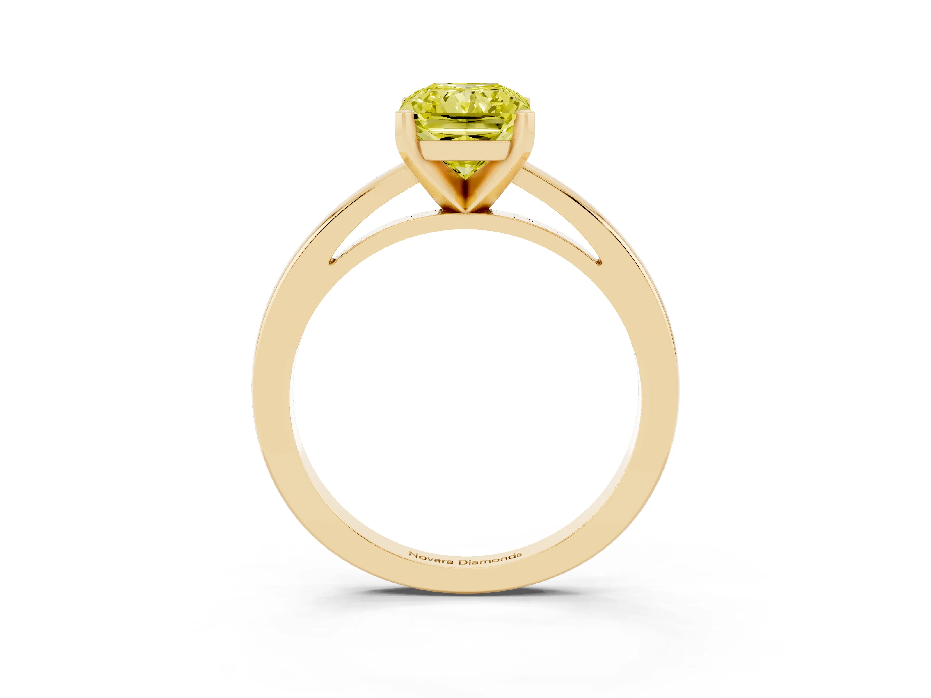 Fancy Yellow Radiant Cut Diamond Solitaire Engagement Ring Set in Yellow gold with Prong Setting on a Classic Band