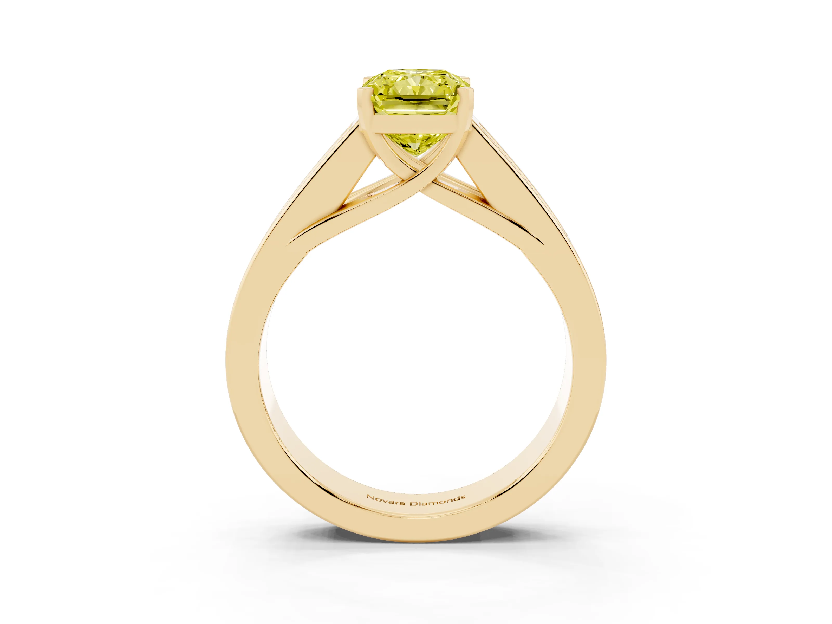 Fancy Yellow Radiant Cut Diamond Solitaire Ring Set in Yellow gold with Channel-Set Accent Stones and Prong Setting