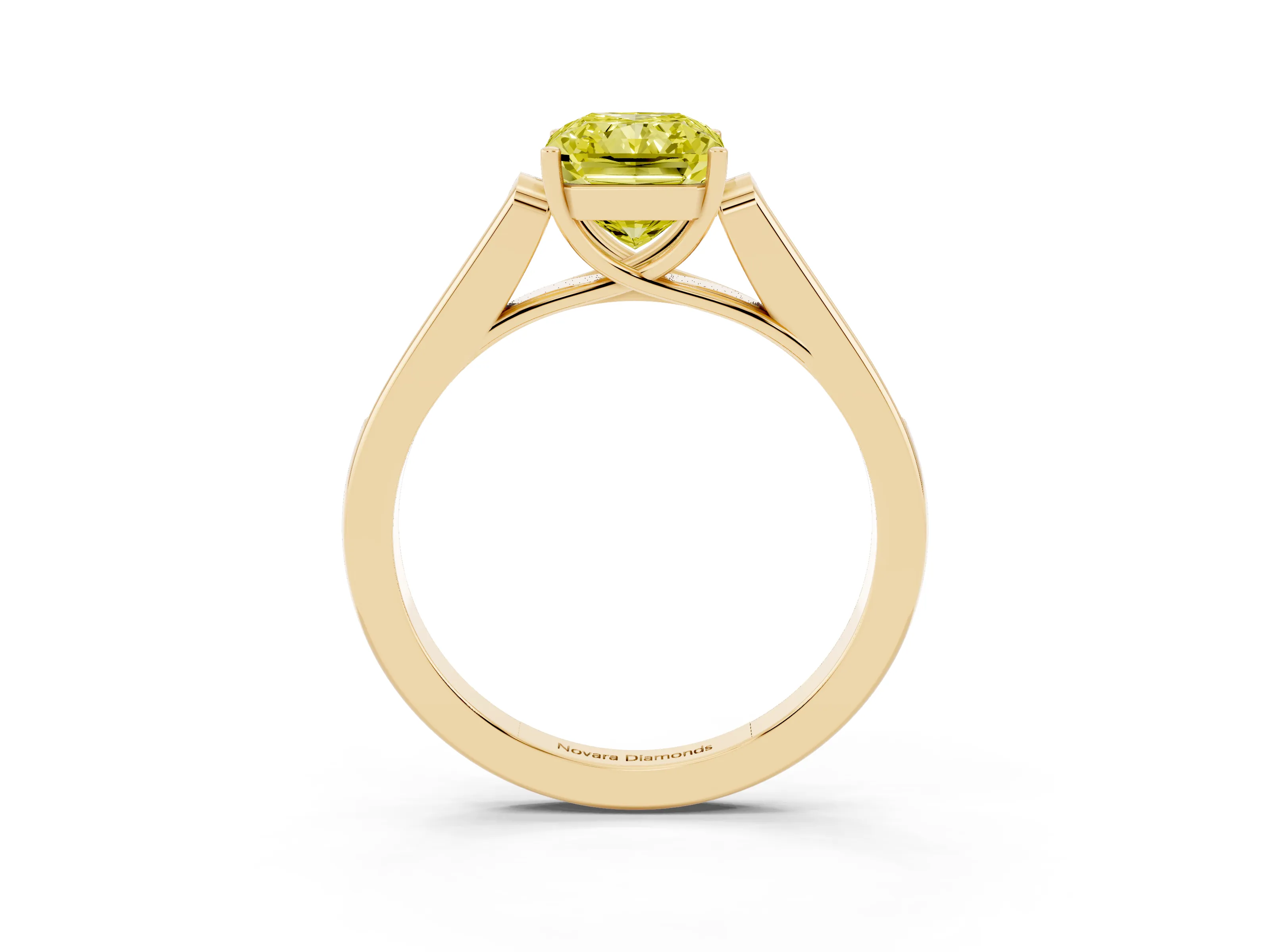 Fancy Yellow Radiant Cut Diamond Solitaire Cathedral Engagement Ring Set in Yellow gold with Channel-Set Band and Prong Setting