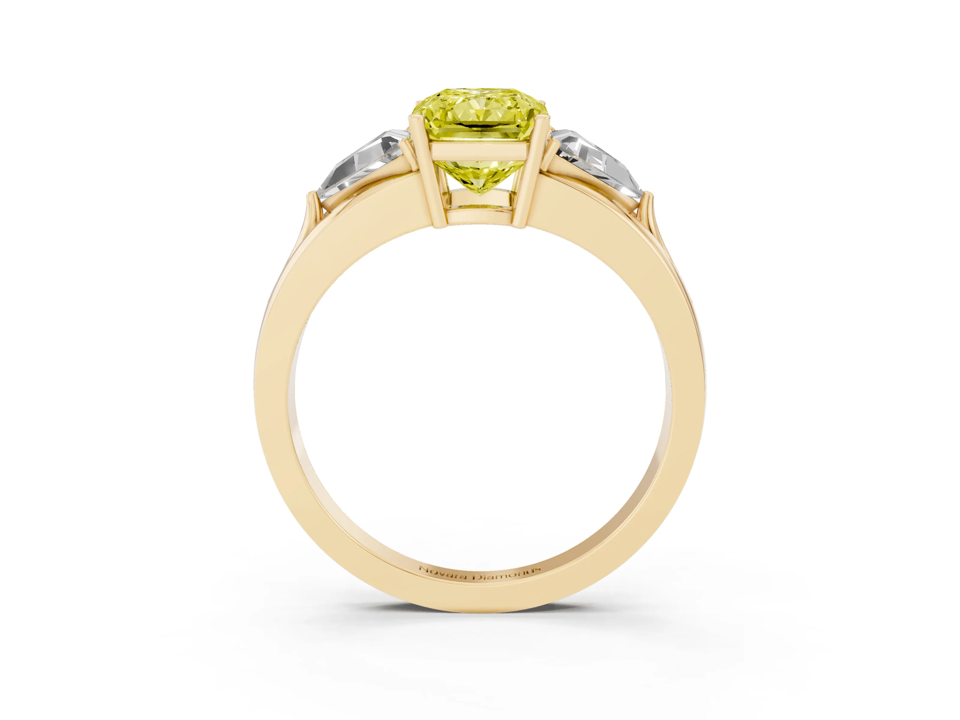 Fancy Yellow Radiant Cut Diamond Three-Stone Ring Set in Yellow gold with Trillion Side Stones and Split Shank