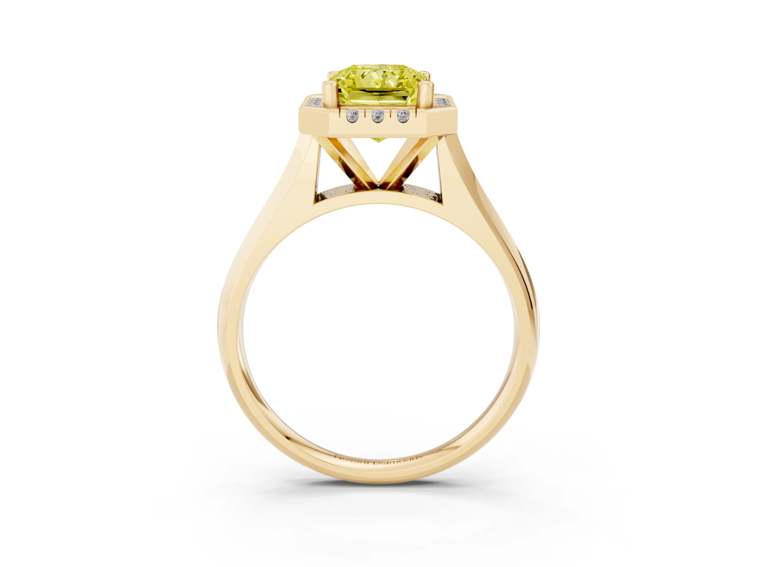 Fancy Yellow Radiant Cut Diamond Halo Solitaire Engagement Ring Set in Yellow gold with Square Band and Prong Setting