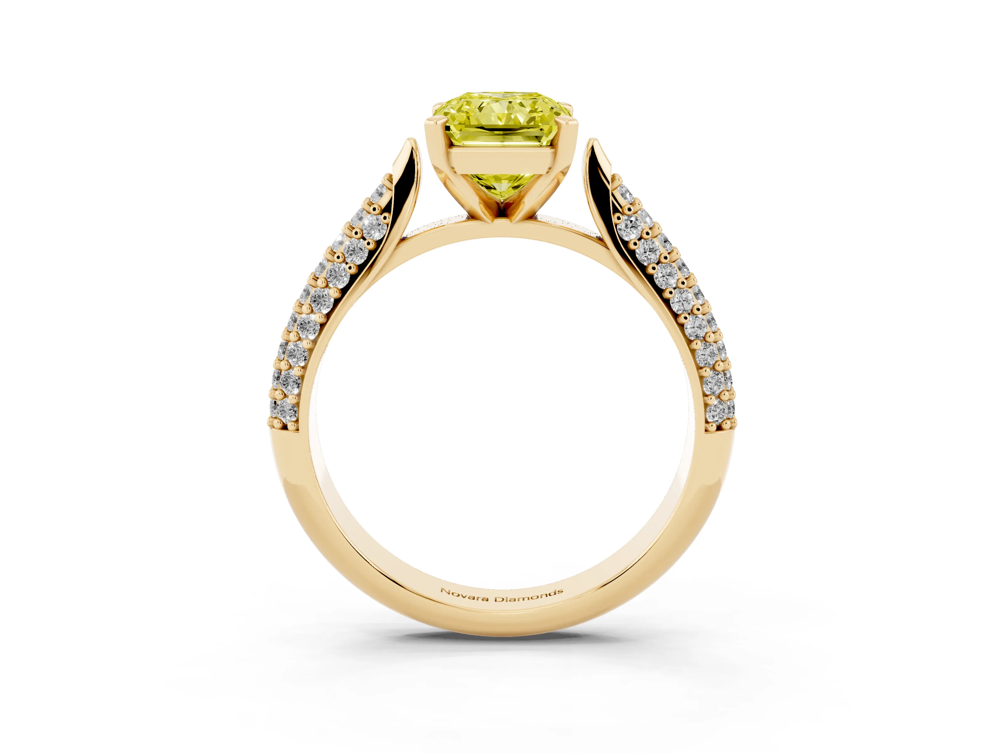 Fancy Yellow Radiant Cut Diamond Solitaire Engagement Ring Set in Yellow gold with Multi-Row Round Pavé Band and Prong Setting