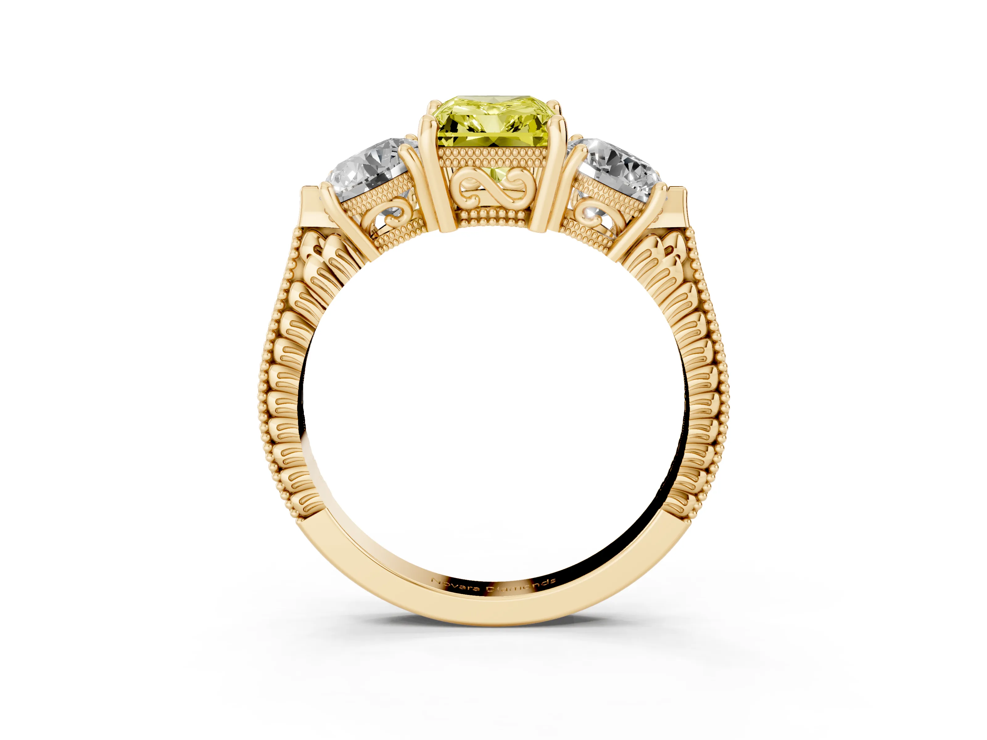 Fancy Yellow Radiant Cut Diamond Three-Stone Ring Set in Yellow gold with Milgrain Band
