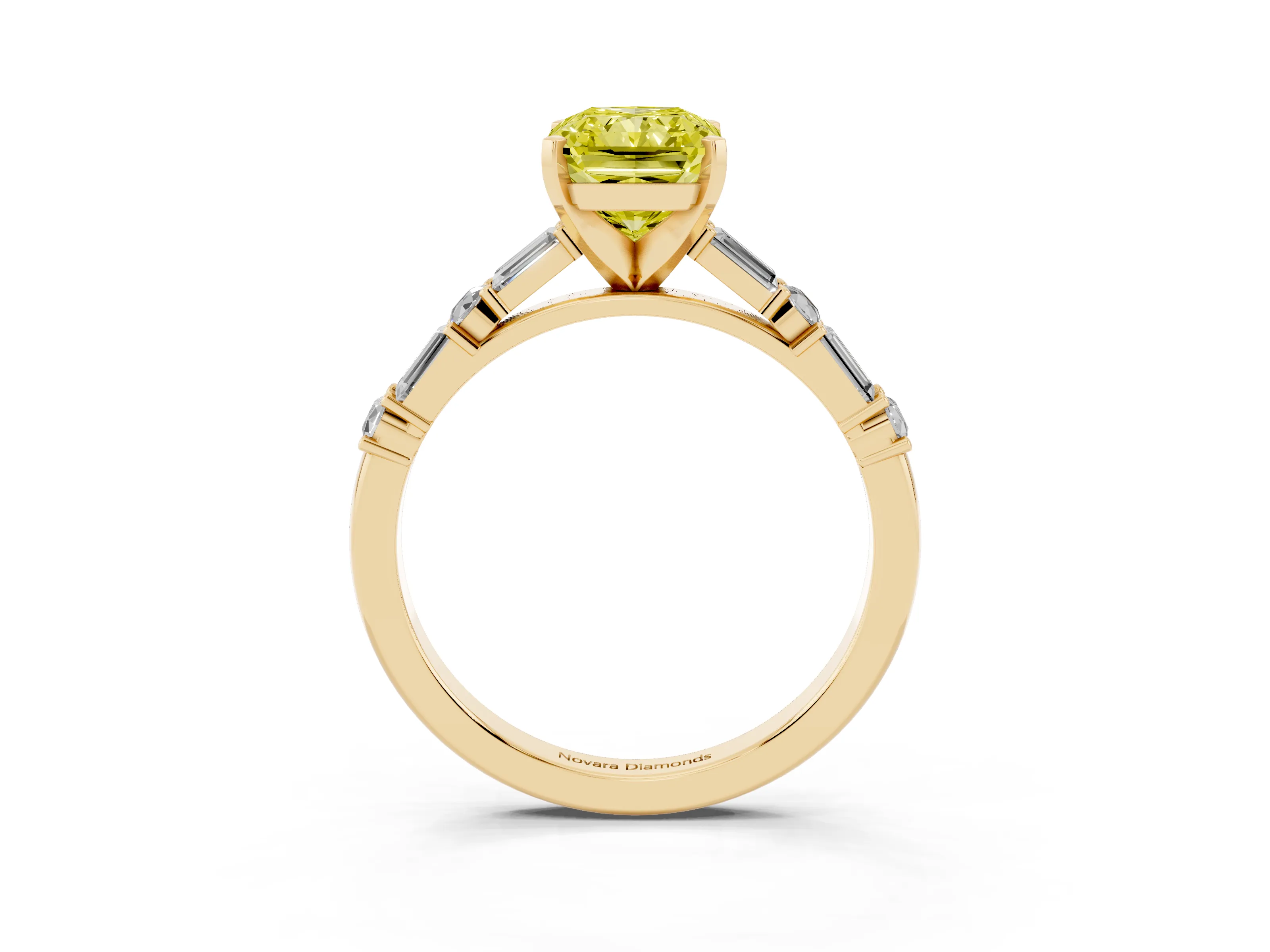 Fancy Yellow Radiant Cut Diamond Solitaire Set in Yellow gold with Side Baguettes and Channel Set Band