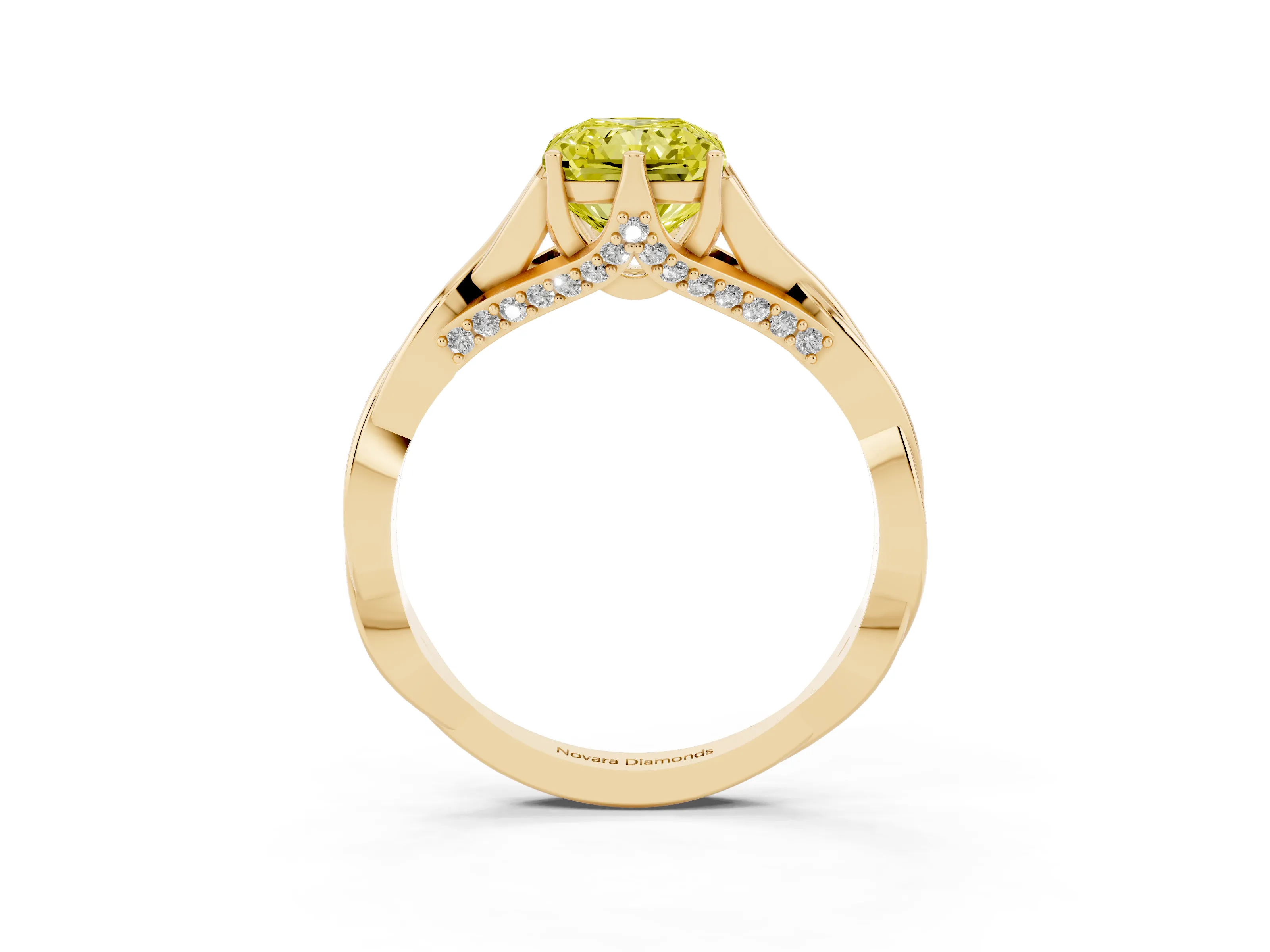 Fancy Yellow Radiant Cut Diamond Intertwined Twist Band Solitaire Ring Set in Yellow gold with Prong Setting
