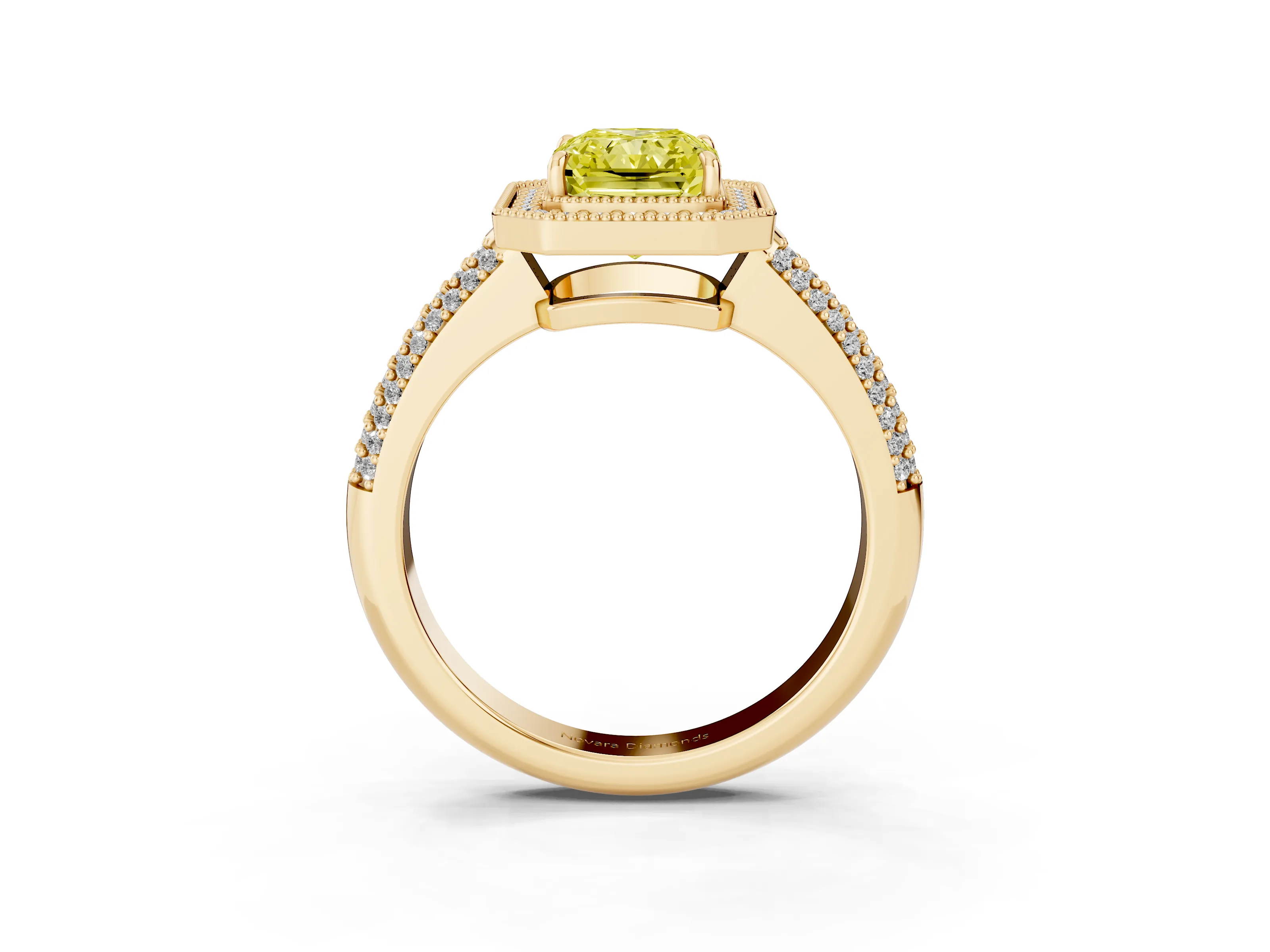 Fancy Yellow Radiant Cut Diamond Halo Pavé Band Set in Yellow gold with Prong Setting