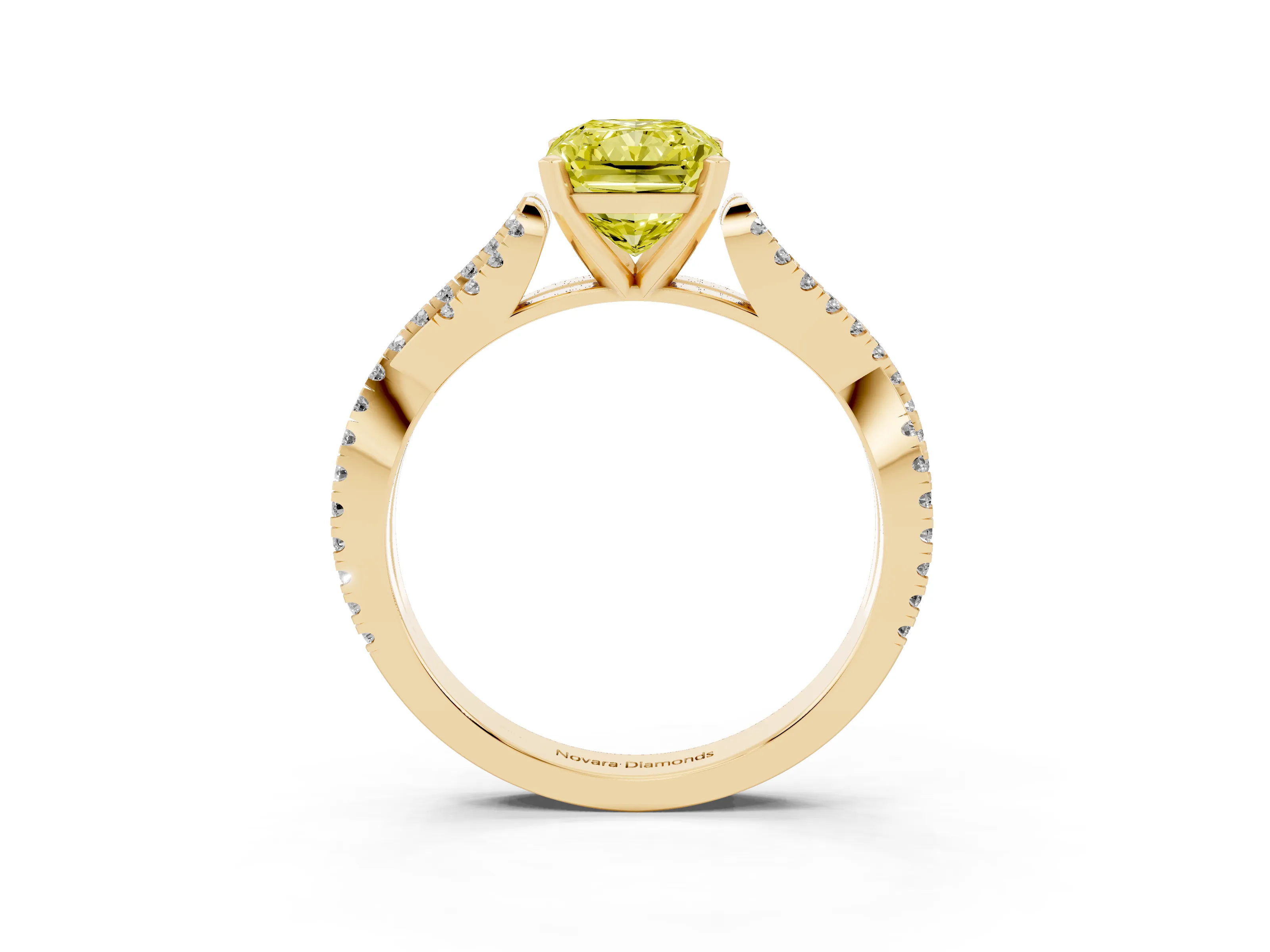 Fancy Yellow Radiant Cut Diamond Solitaire Engagement Ring Set in Yellow gold with Twisted Pavé Band and Prong Setting