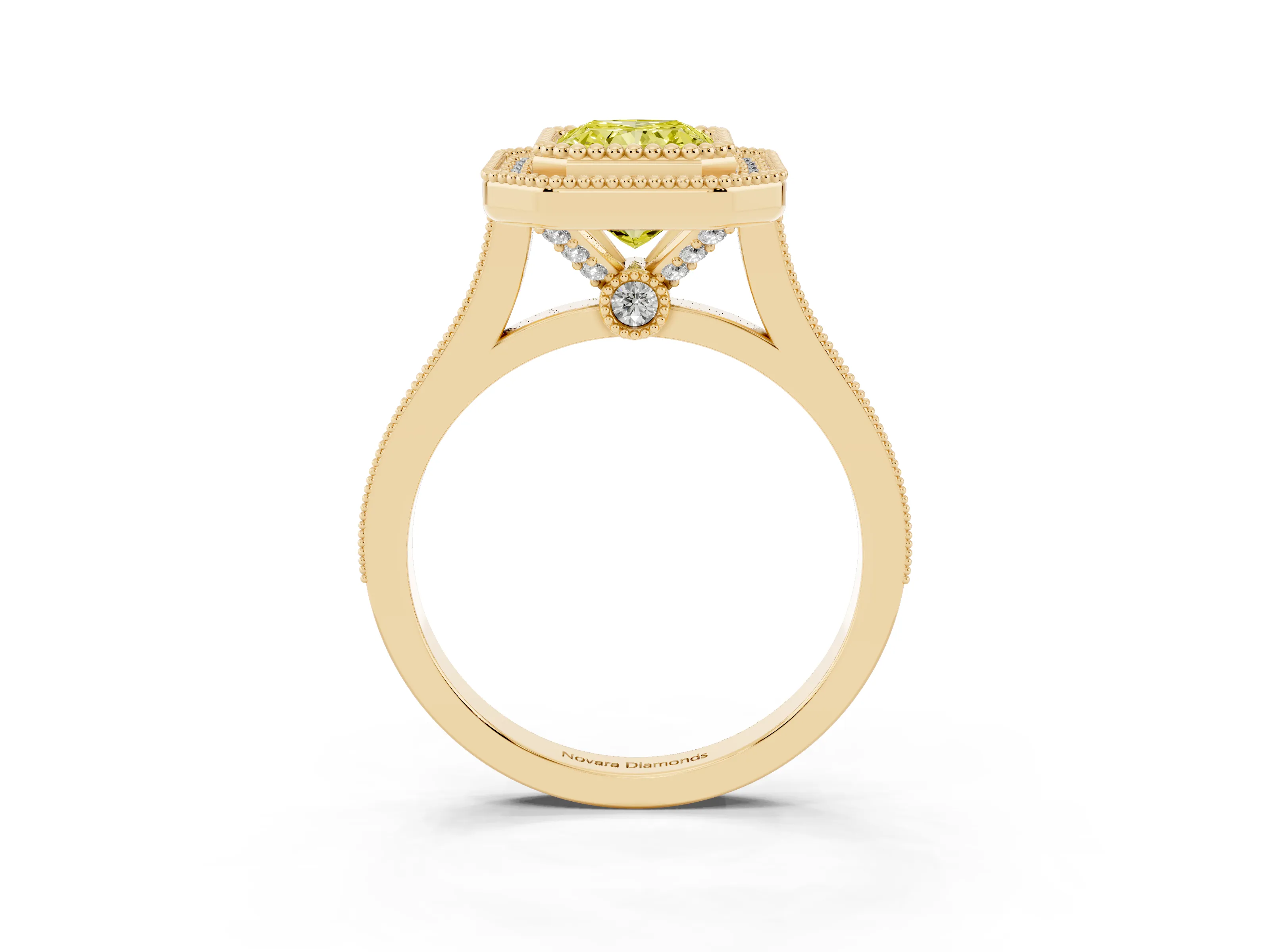 Fancy Yellow Radiant Cut Diamond Halo Ring Set in Yellow gold with Milgrain Frame and Pavé Band