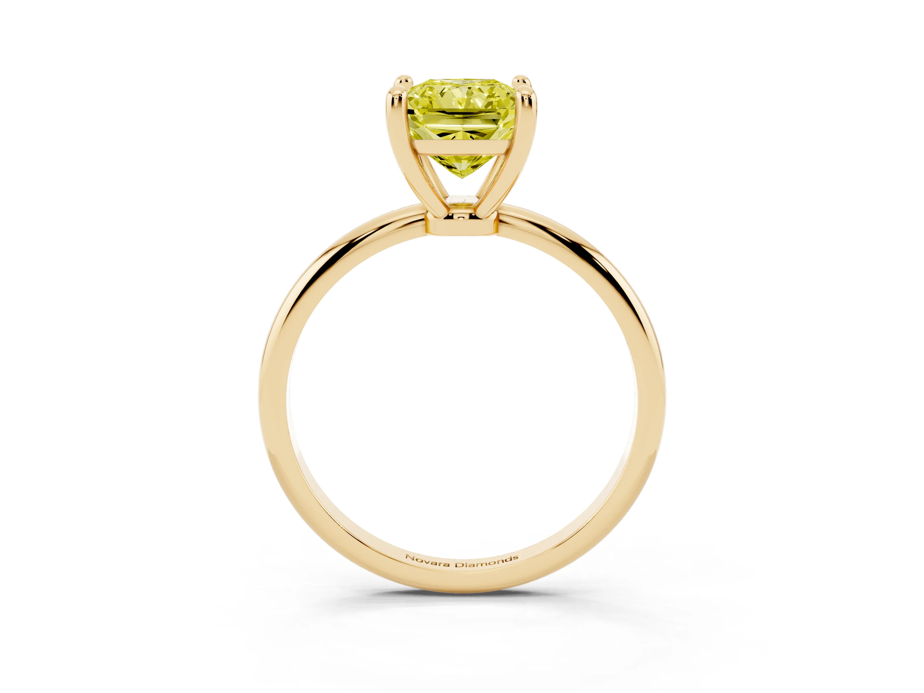 Fancy Yellow Radiant Cut Diamond Solitaire Ring Set in Yellow gold with Secure Prong Setting on a Classic Band