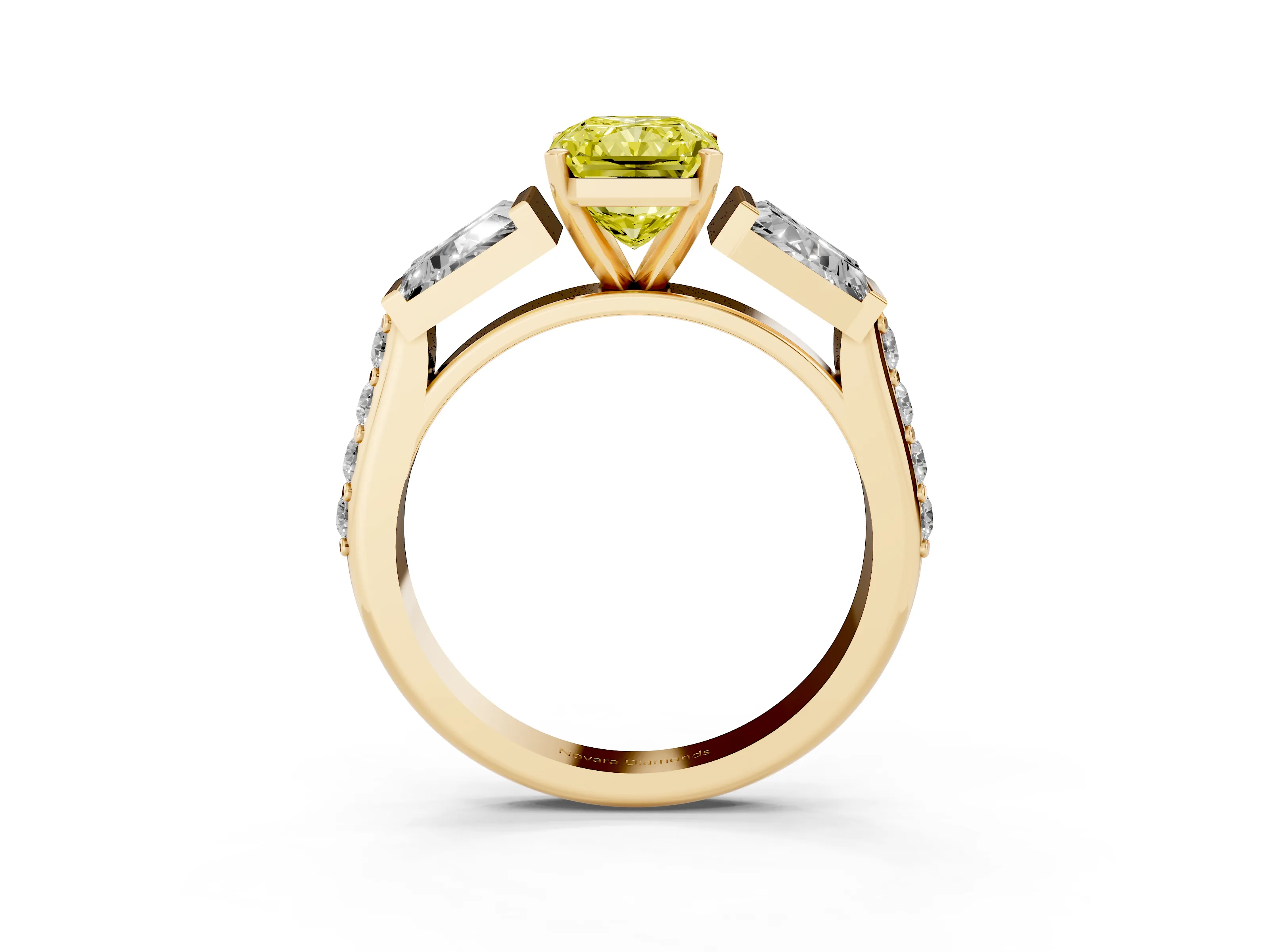 Fancy Yellow Radiant Cut Diamond Engagement Ring Set in Yellow gold with Baguette Side Stones and Channel Set Band