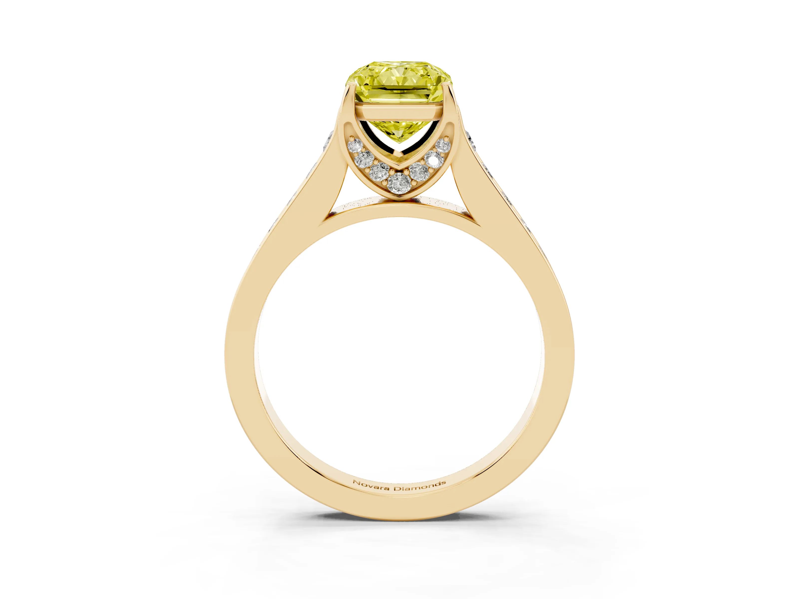 Fancy Yellow Radiant Cut Diamond Solitaire Pavé Engagement Ring Set in Yellow gold with Prong Setting