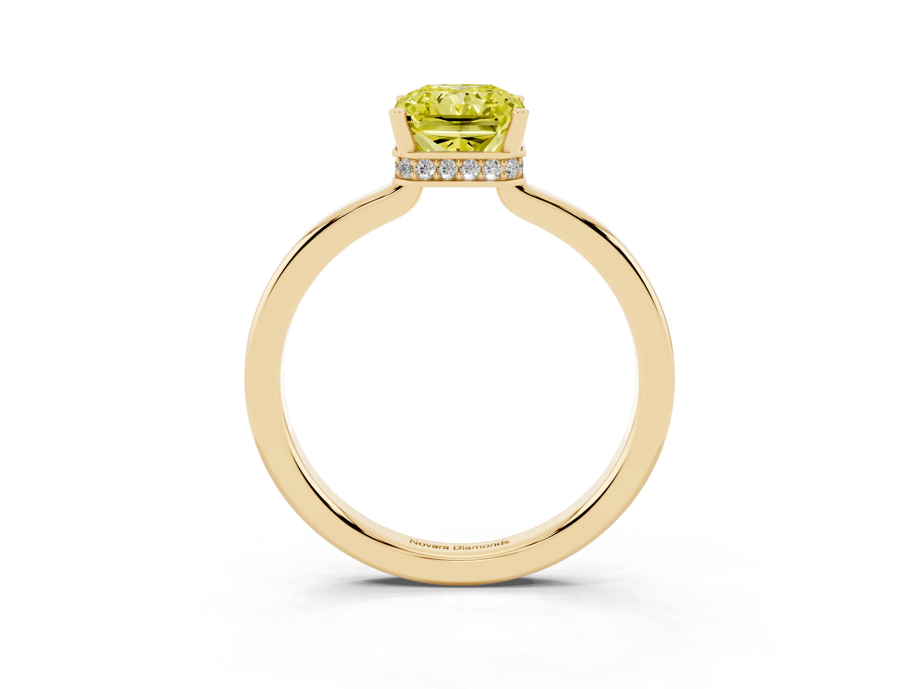 Fancy Yellow Radiant Cut Diamond Solitaire Engagement Ring Set in Yellow gold with Prong Setting on a Plain Band