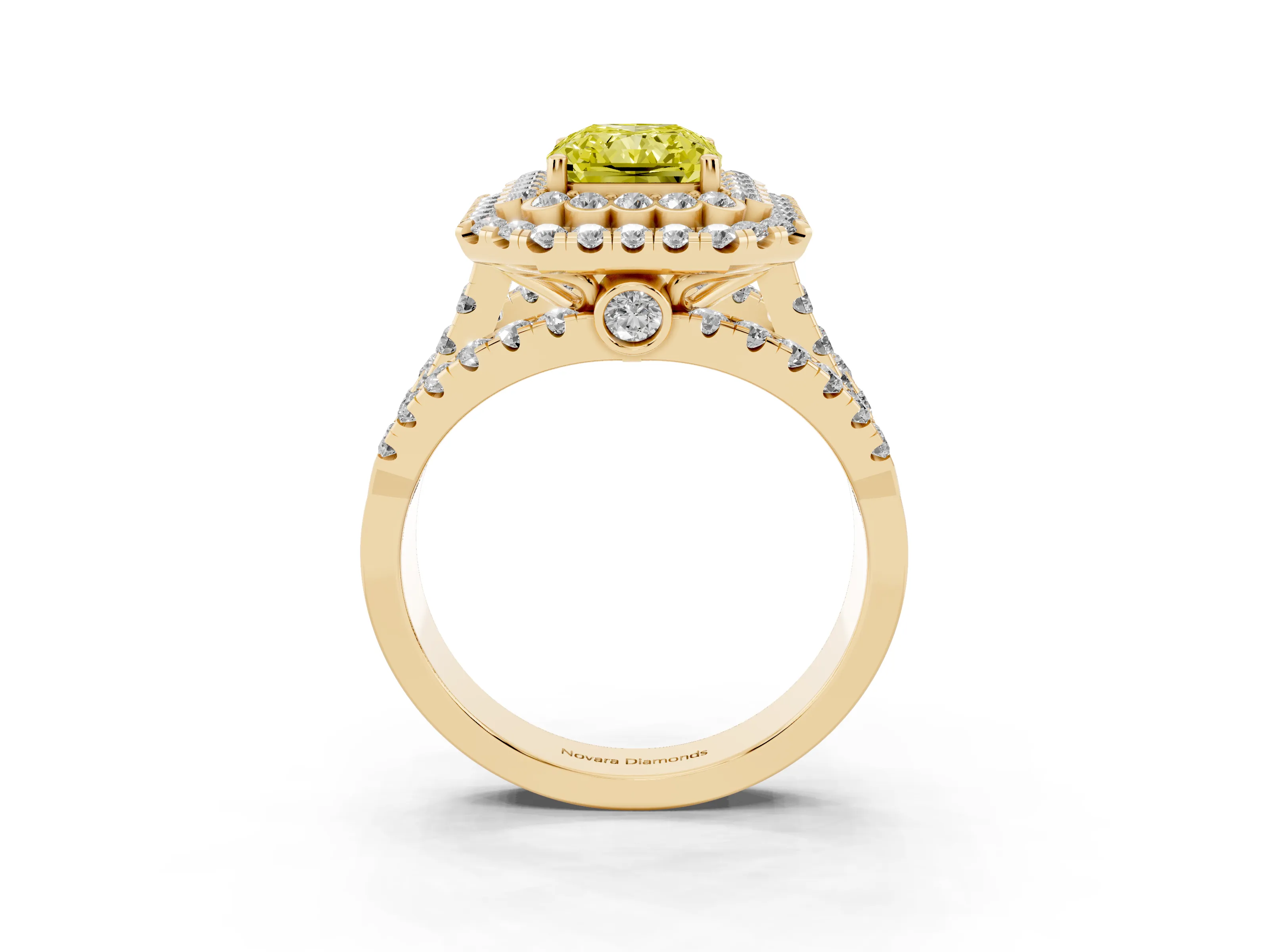 Fancy Yellow Radiant Cut Diamond Double Halo Ring Set in Yellow gold with Round Pavé Split Shank