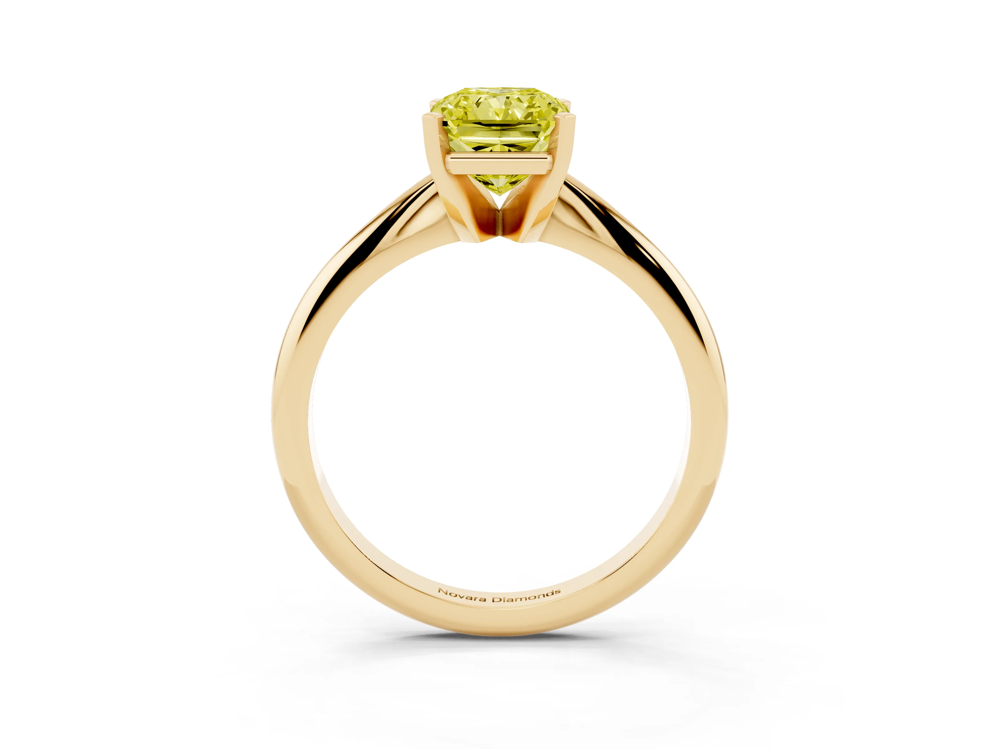Fancy Yellow Radiant Cut Diamond Solitaire Ring Set in Yellow gold with Prong Setting on a Plain Round Band