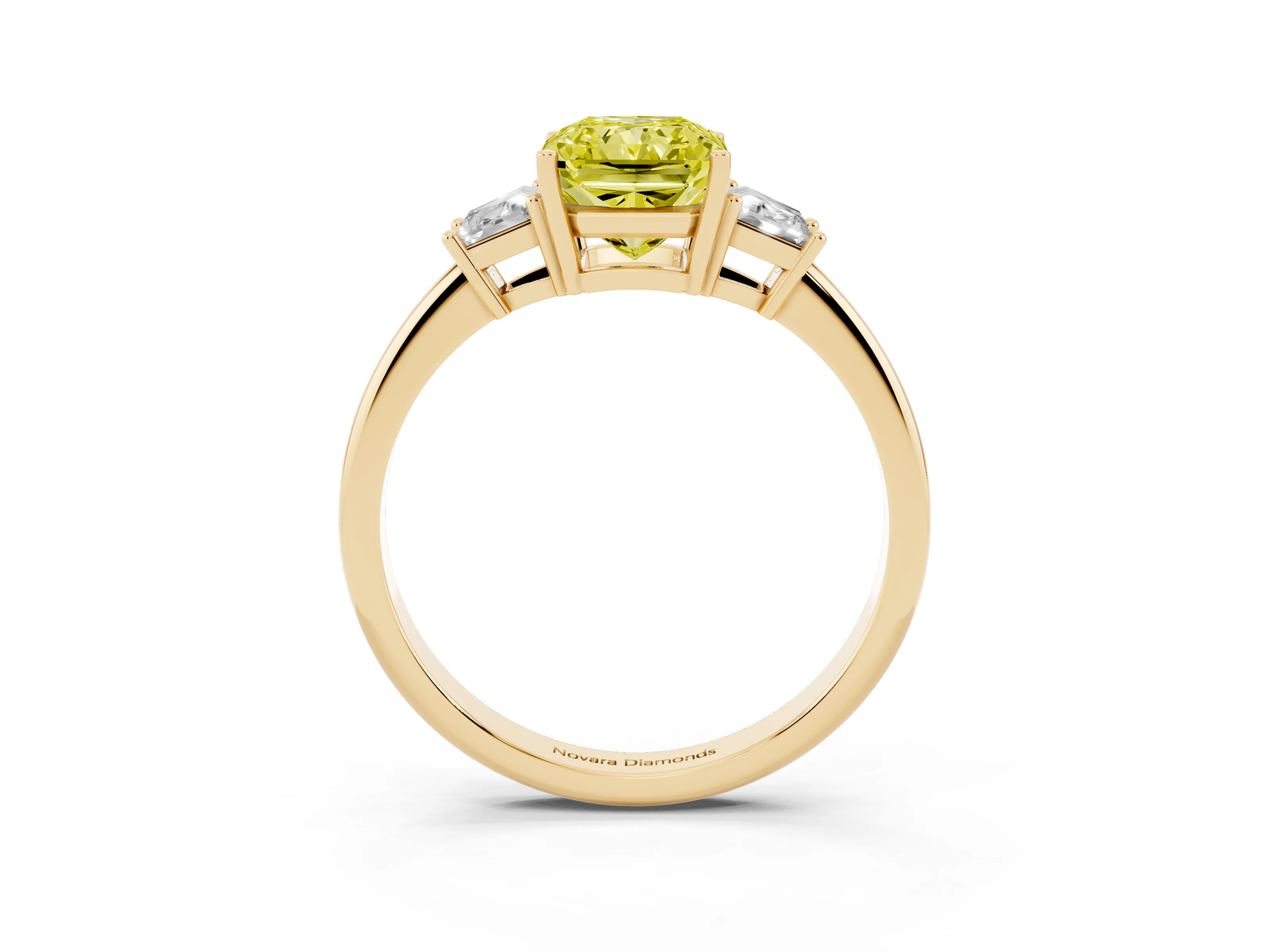 Fancy Yellow Radiant Cut Diamond Three-Stone Ring Set in Yellow gold with Trapezoid Side Stones and Prong Setting