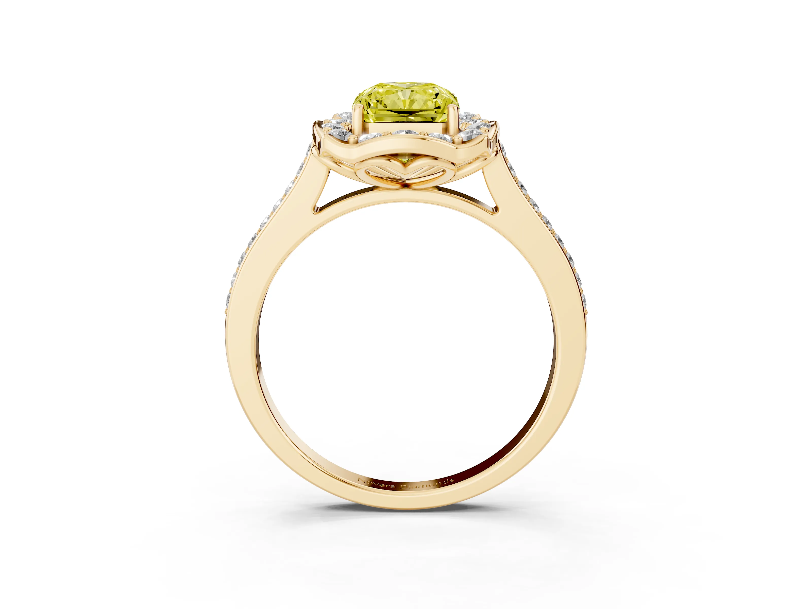Fancy Yellow Radiant Cut Diamond Halo Ring Set in Yellow gold with Pavé-Lined Shoulders and Prong Setting