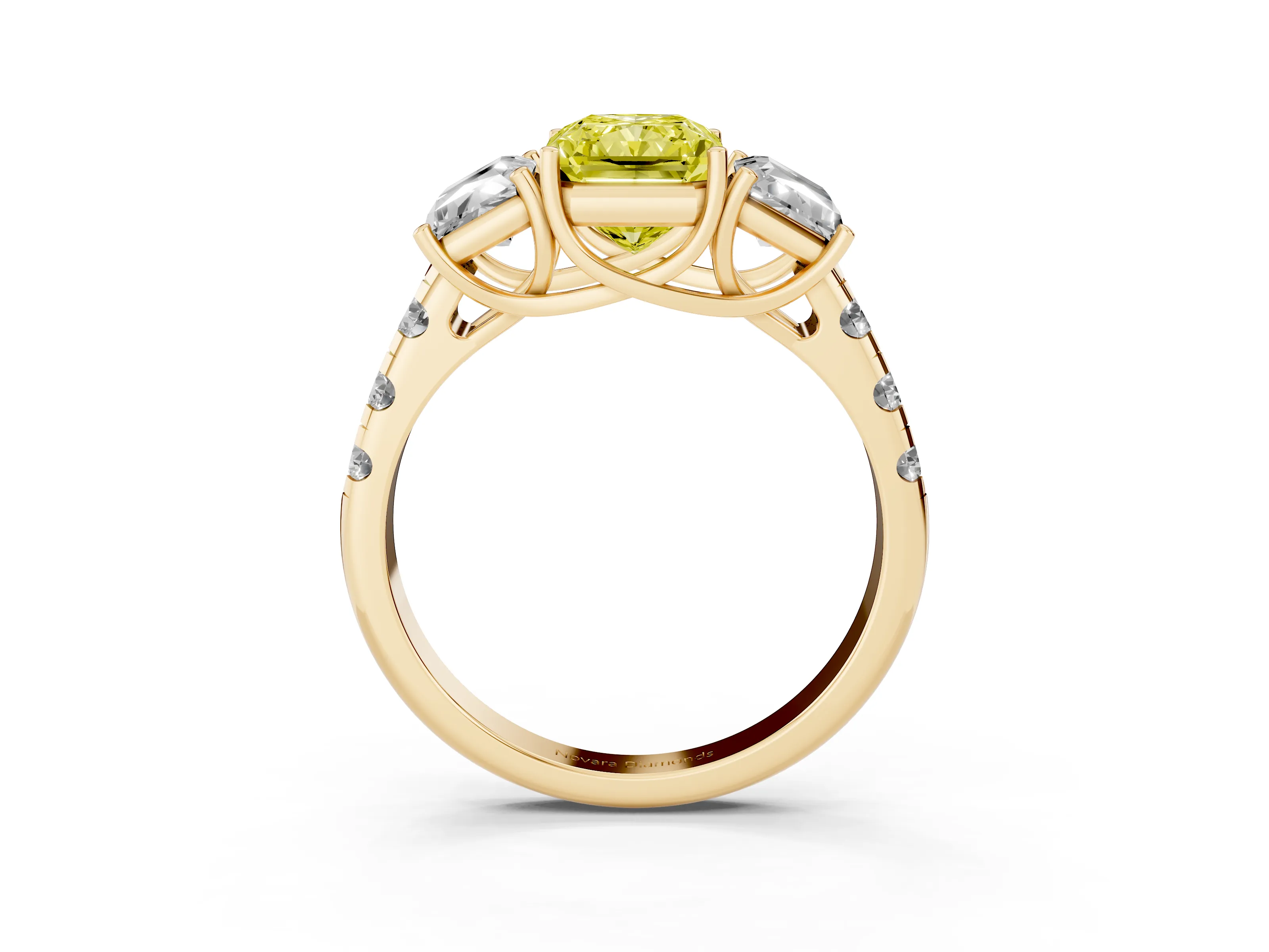Fancy Yellow Radiant Cut Diamond Three-Stone Ring Set in Yellow gold with Pavé Band