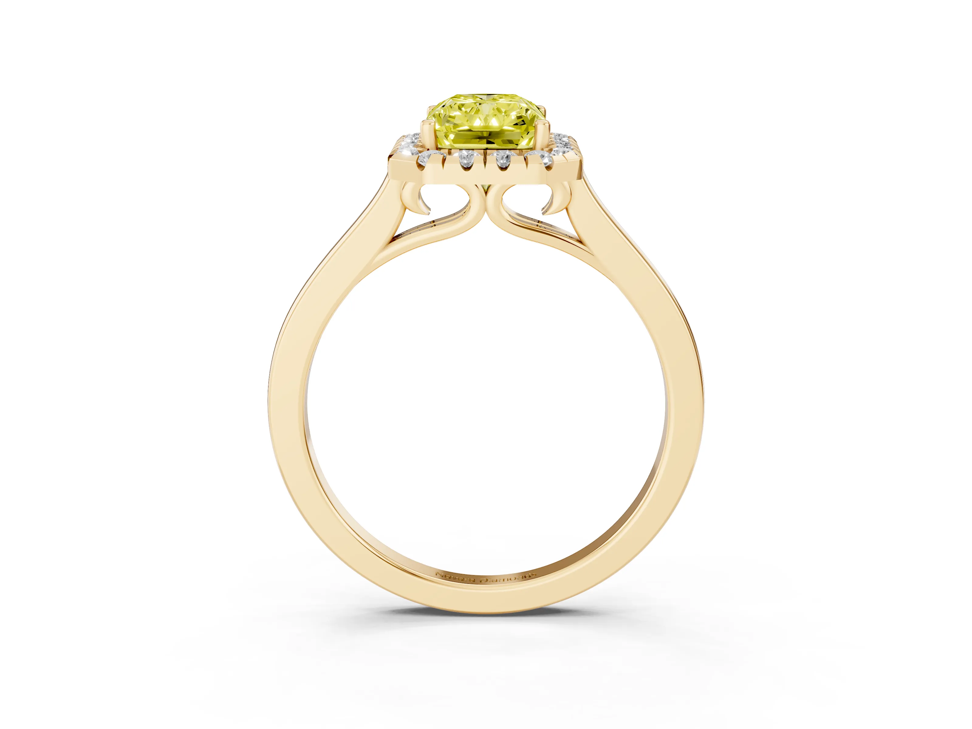 Fancy Yellow Radiant Cut Halo Round Diamond Solitaire Ring Set in Yellow gold with Pavé Band and Prong Setting