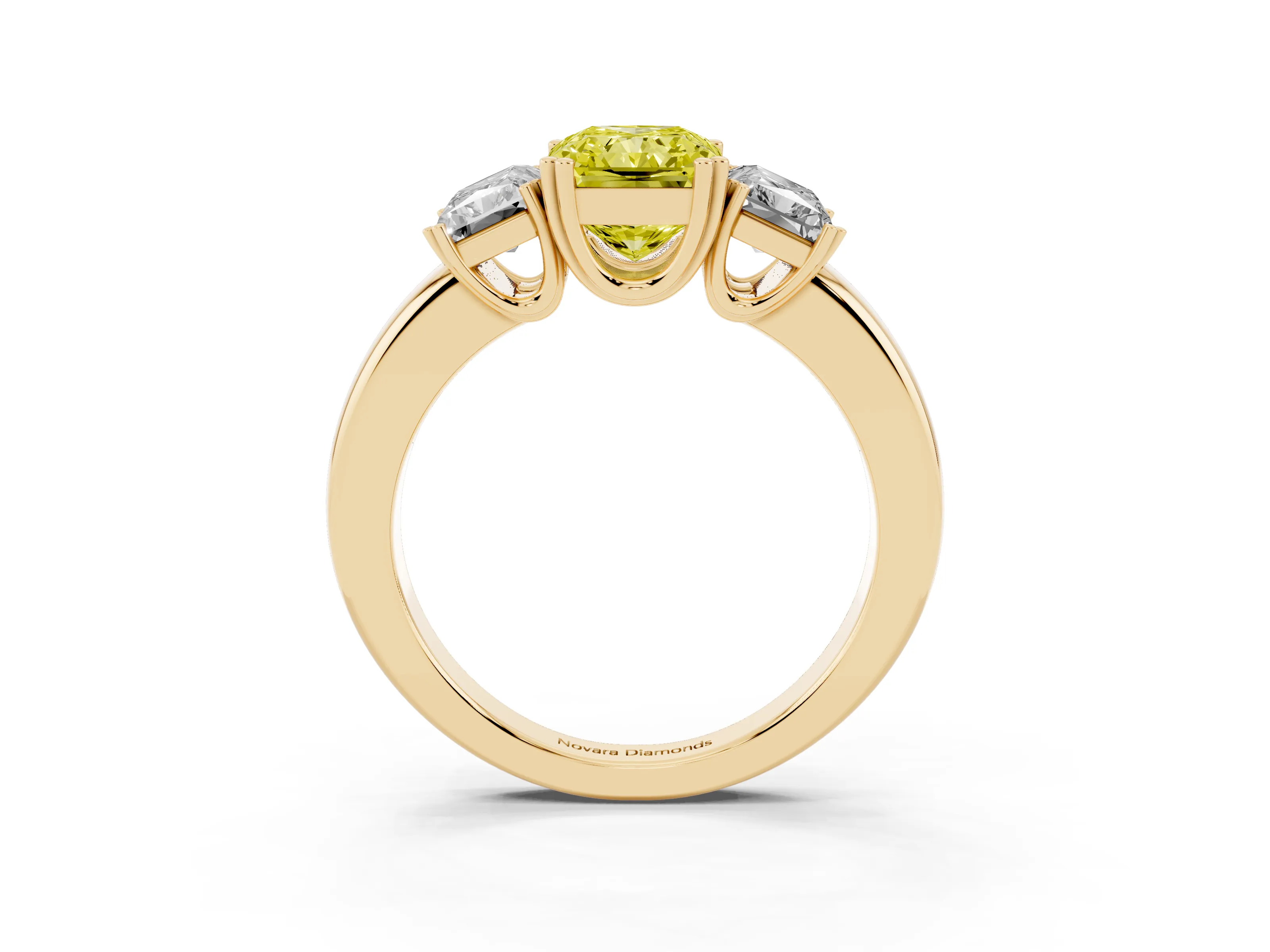 Fancy Yellow Radiant Cut Diamond Three-Stone Ring Set in Yellow gold with Polished Channel-Set Band