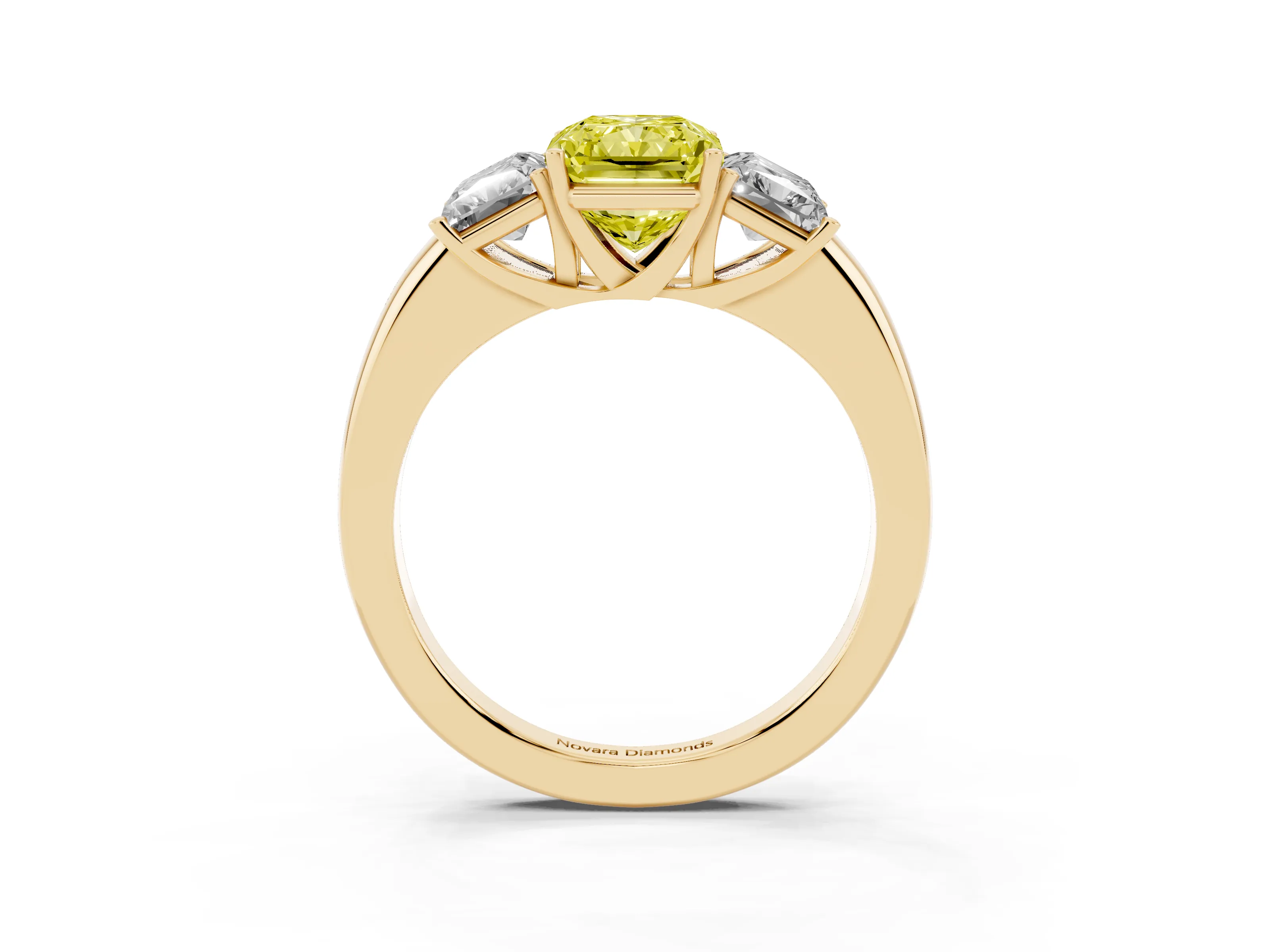 Fancy Yellow Radiant Cut Diamond Three-Stone Ring Set in Yellow gold with Bold Center and Classic Band