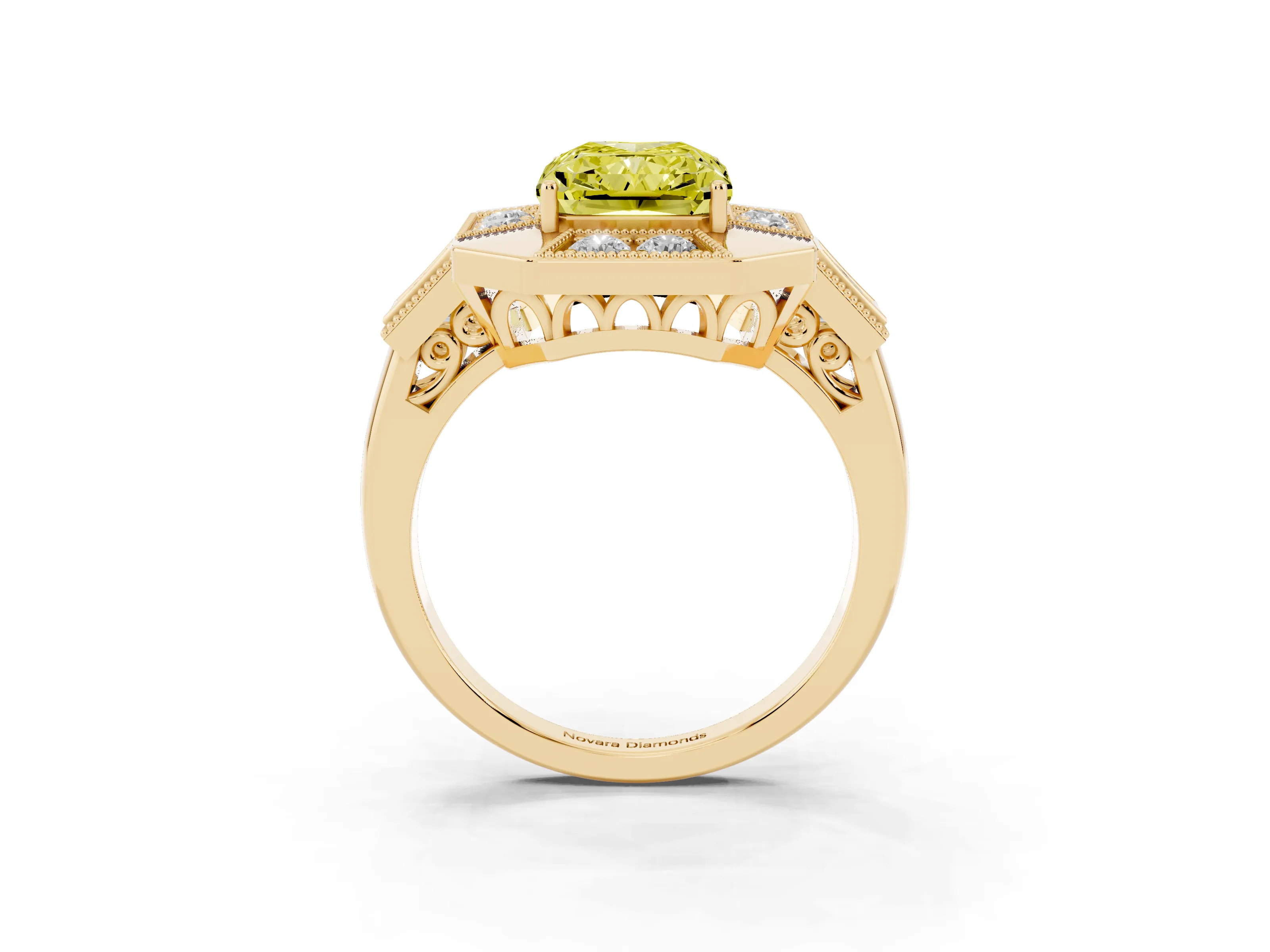 Fancy Yellow Radiant Cut Diamond Milgrain Halo Ring Set in Yellow gold with Split Shank