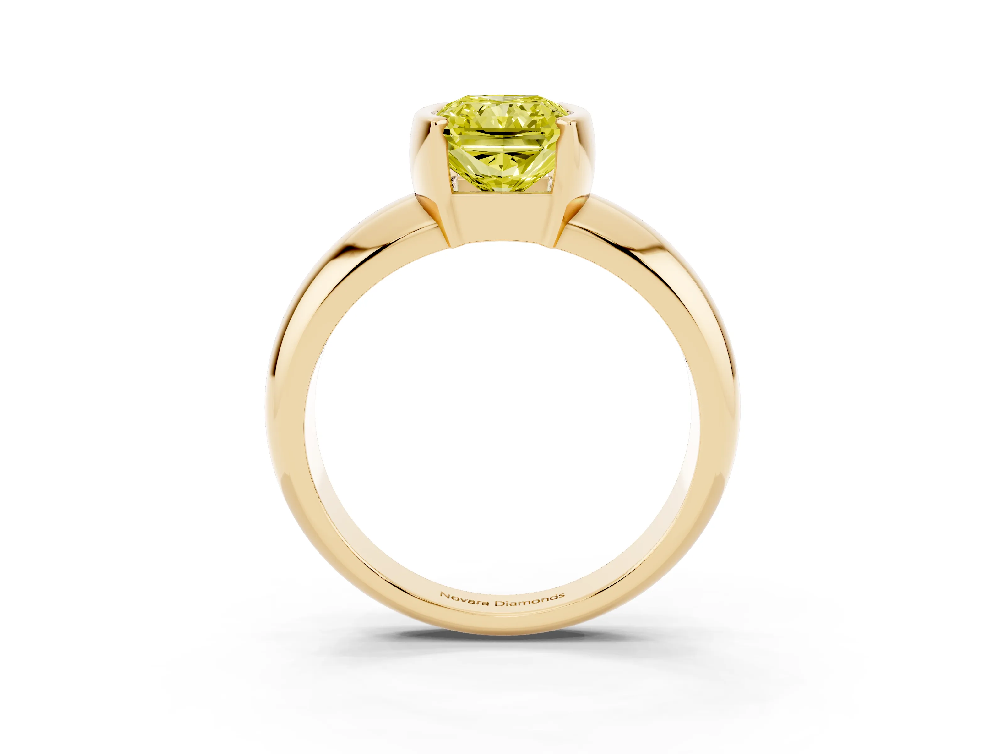 Fancy Yellow Radiant Cut Diamond Solitaire Tension Set Ring Set in Yellow gold with Wide Band