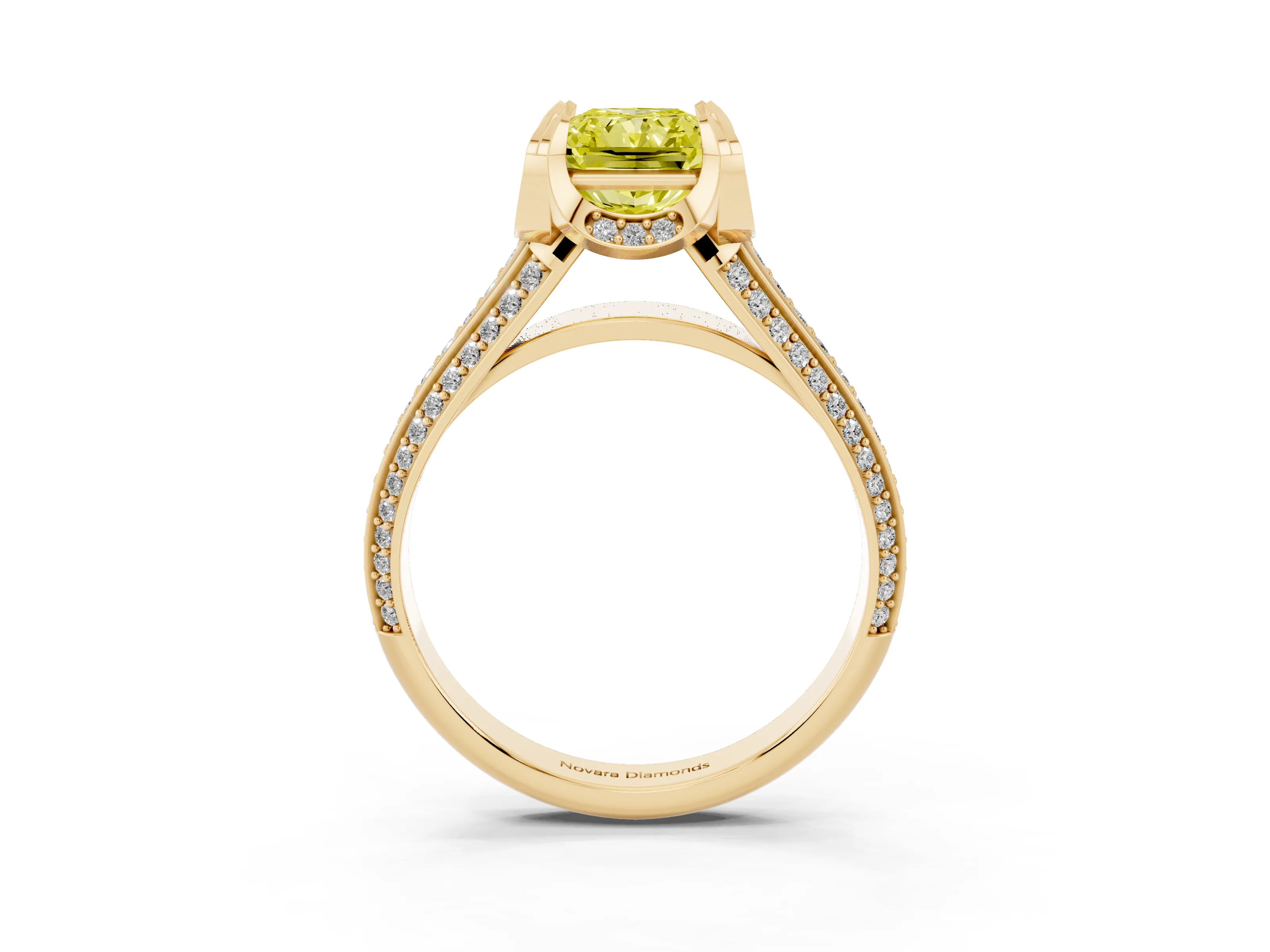 Fancy Yellow Radiant Cut Diamond Pavé Split Shank Solitaire Ring Set in Yellow gold with Prong Setting