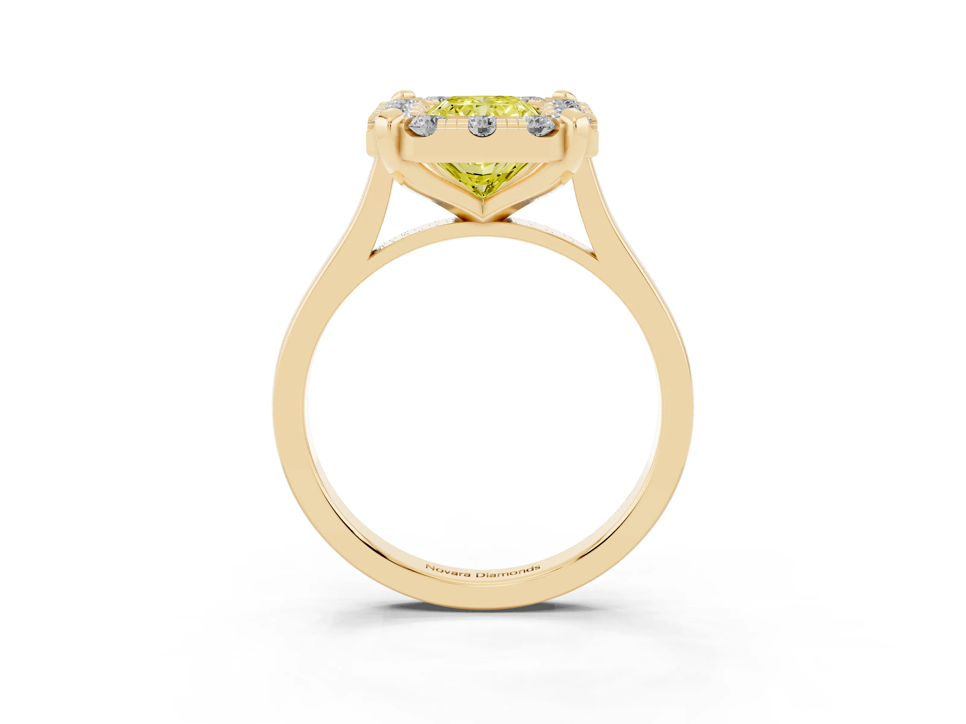 Fancy Yellow Radiant Cut Diamond Cluster Halo Solitaire Ring Set in Yellow gold with Prong Setting