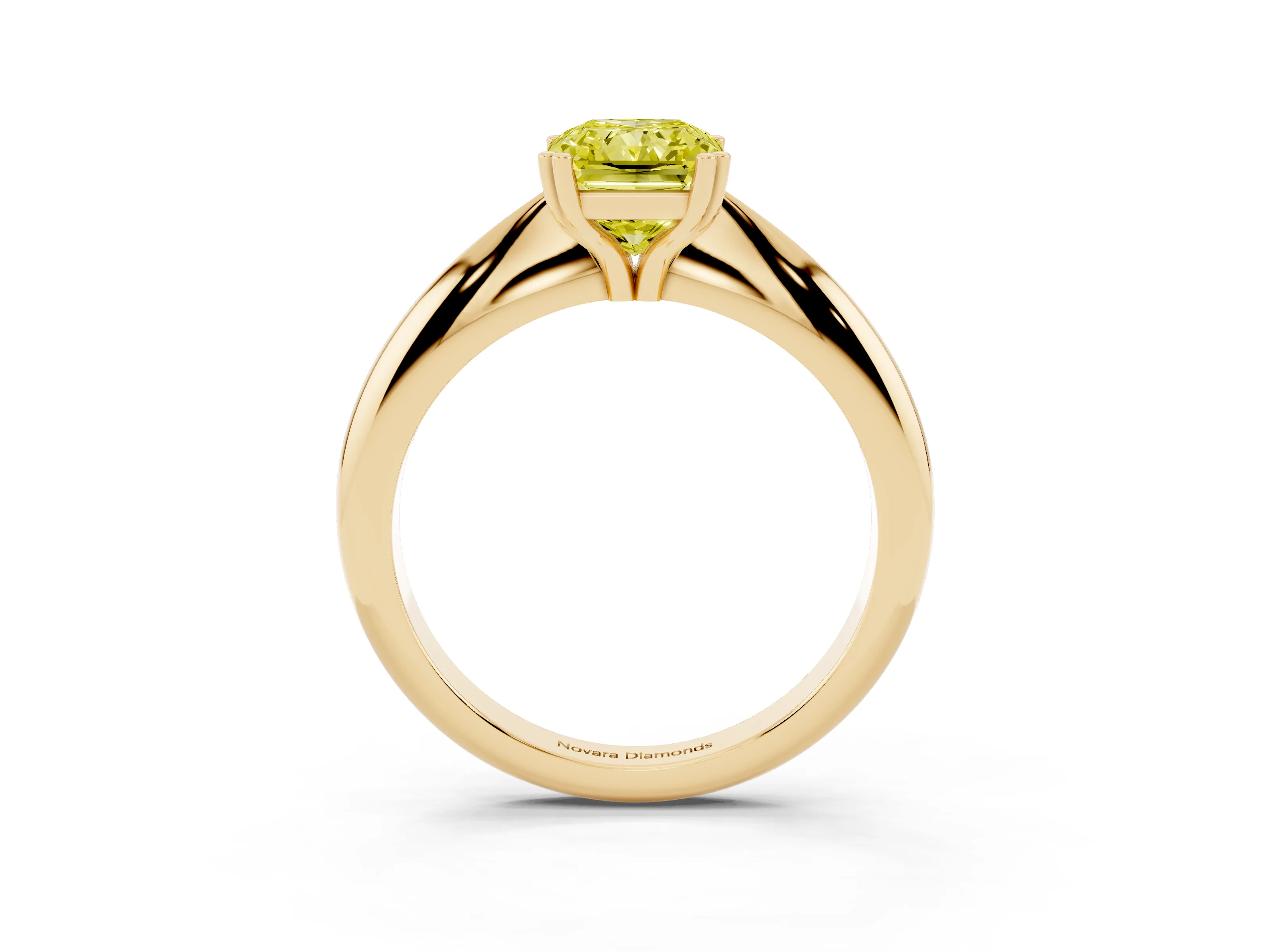 Fancy Yellow Radiant Cut Diamond Solitaire Engagement Ring Set in Yellow gold with Tapered Band and Prong Setting