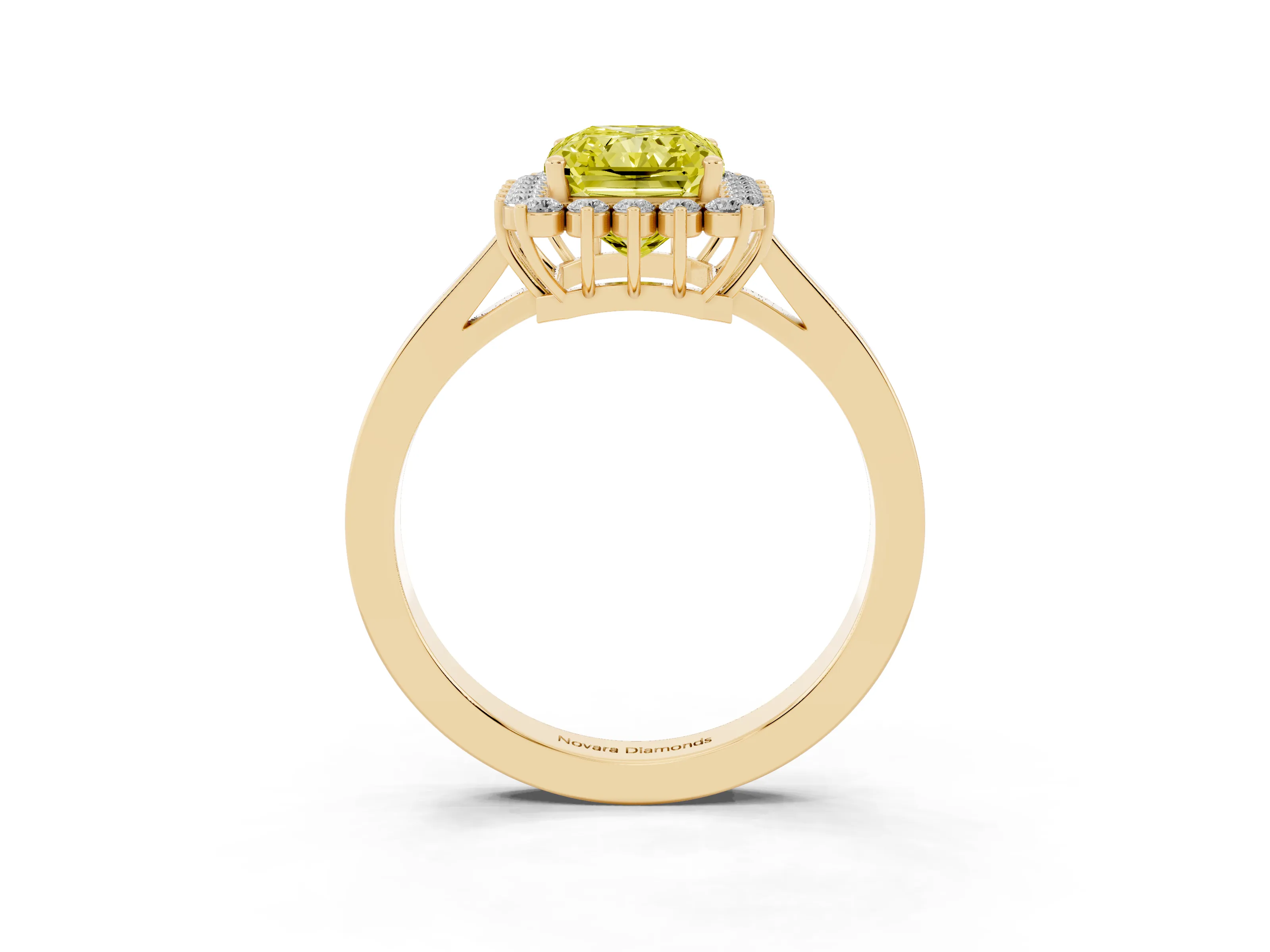 Fancy Yellow Radiant Cut Diamond Halo Ring Set in Yellow gold with Round Halo and Smooth Solitaire Band