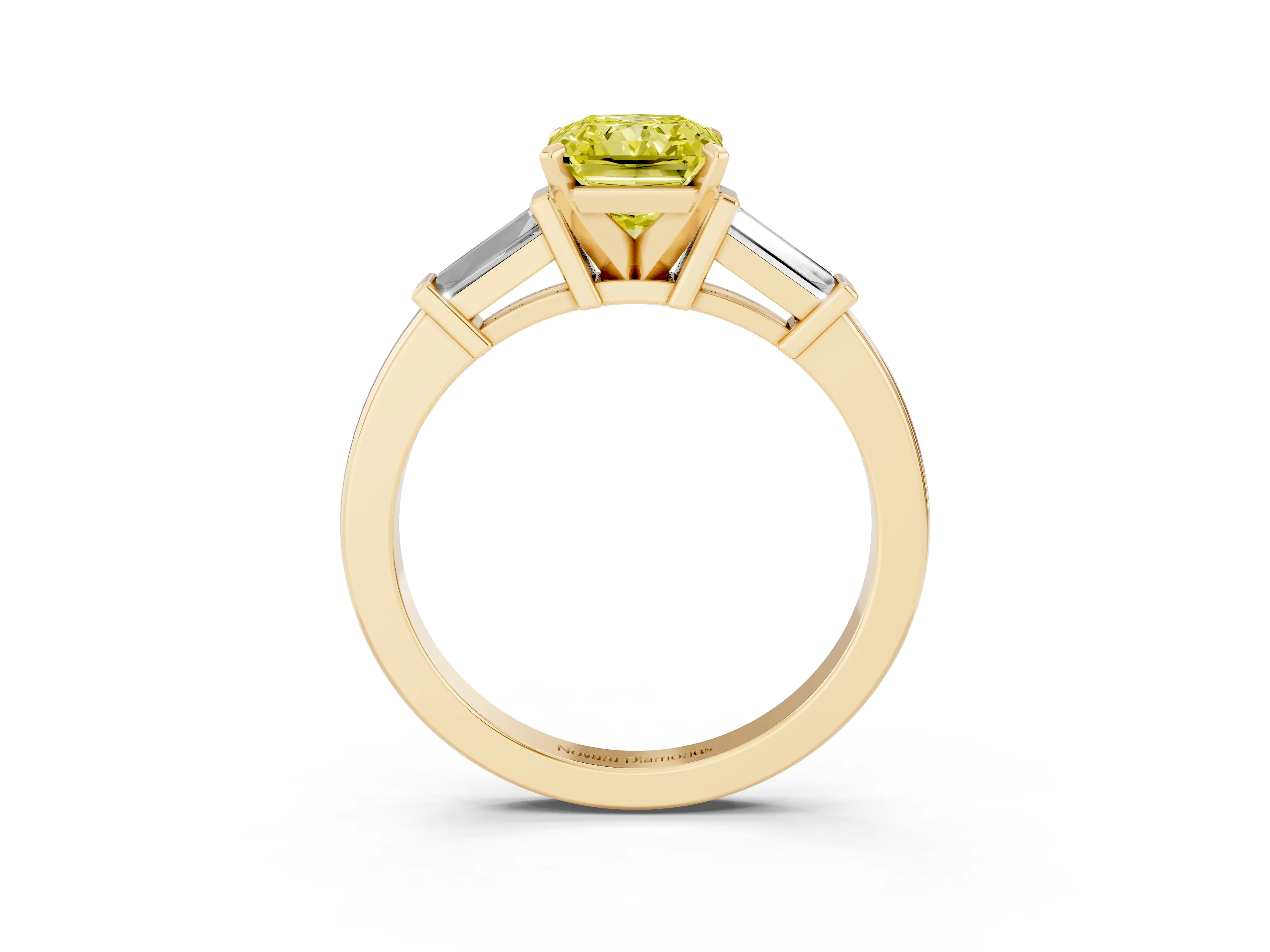 Fancy Yellow Radiant Cut Diamond Solitaire Ring Set in Yellow gold with Tapered Baguette Accents and Prong Setting