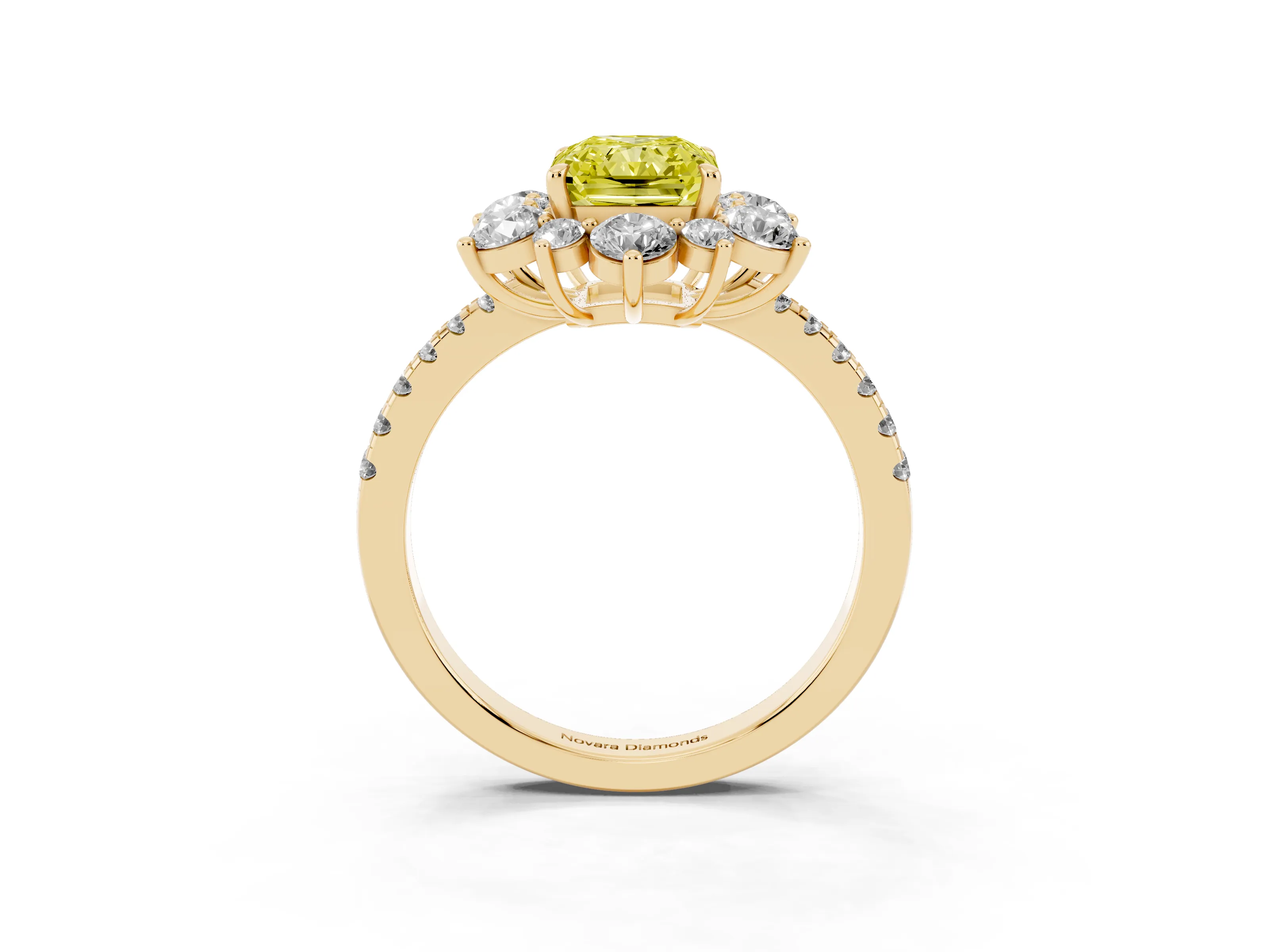 Fancy Yellow Radiant Cut Diamond Floral Halo Ring Set in Yellow gold with Round Pavé Band and Prong Setting