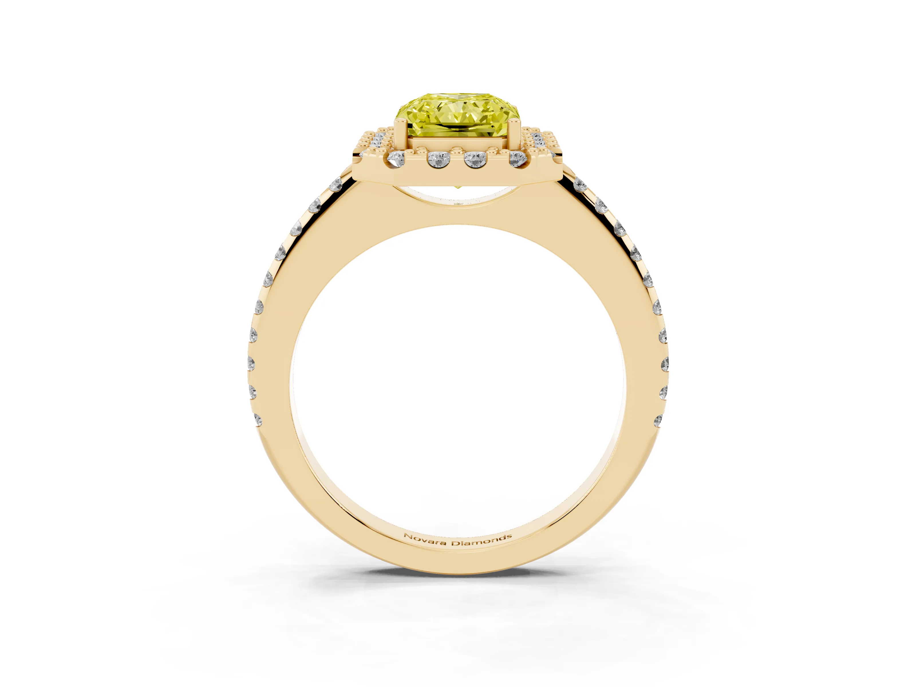 Fancy Yellow Radiant Cut Diamond Pavé Halo Ring Set in Yellow gold with Prong Setting