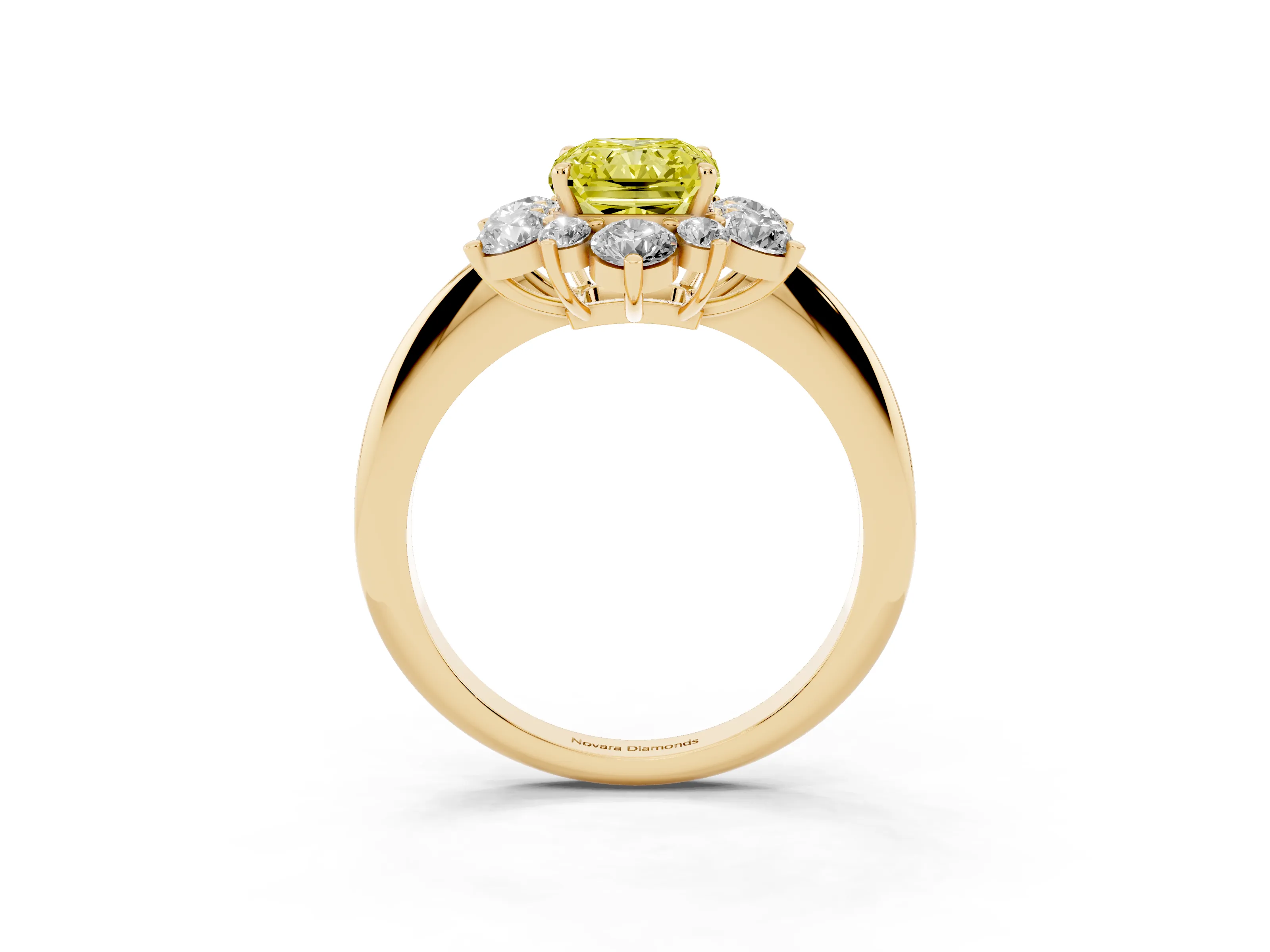 Fancy Yellow Radiant Cut Diamond Cluster Halo Ring Set in Yellow gold with Solitaire Band and Prong Setting