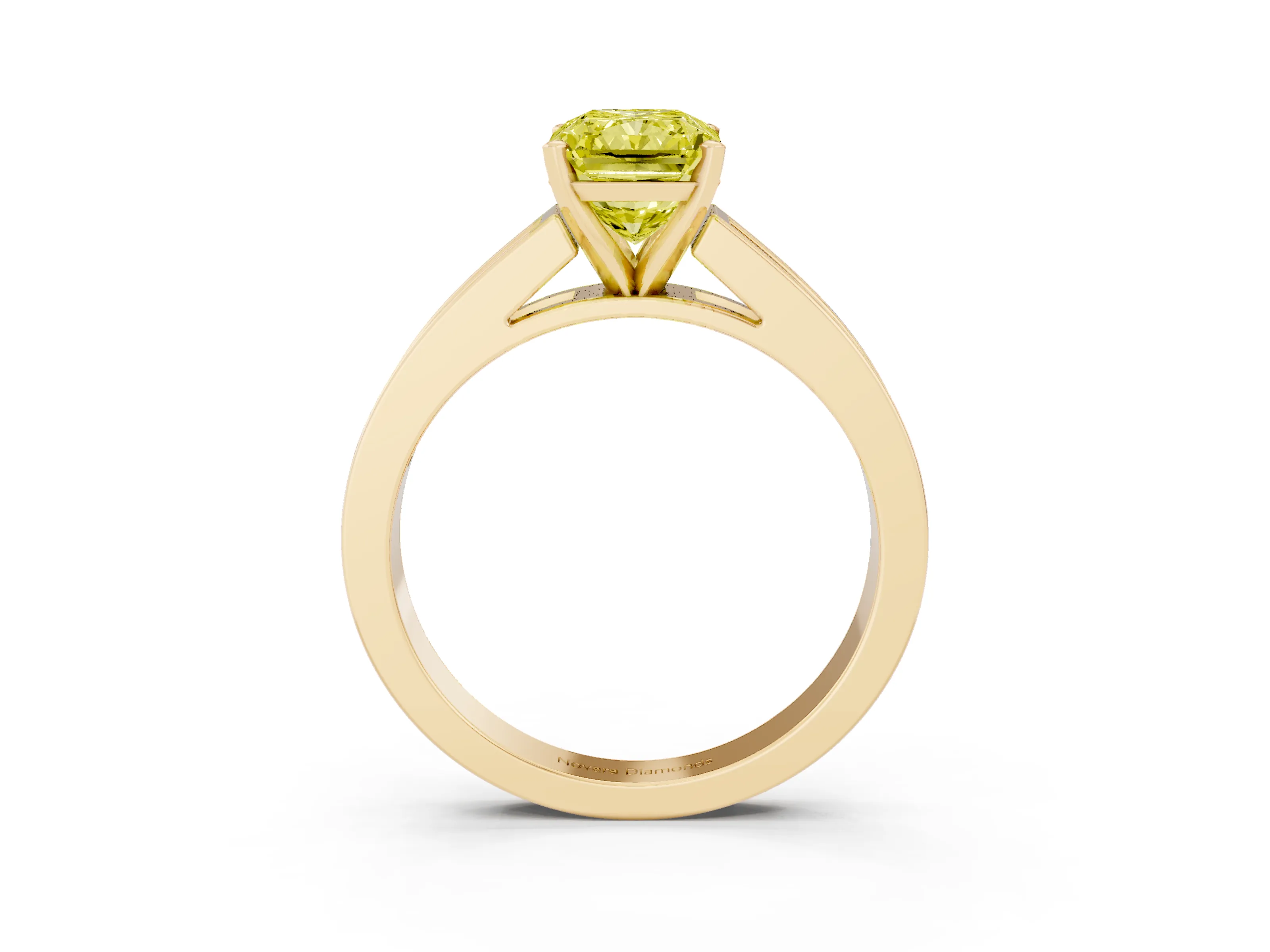 Fancy Yellow Radiant Cut Diamond Solitaire Ring Set in Yellow gold with Channel-Set Band and Prong Setting