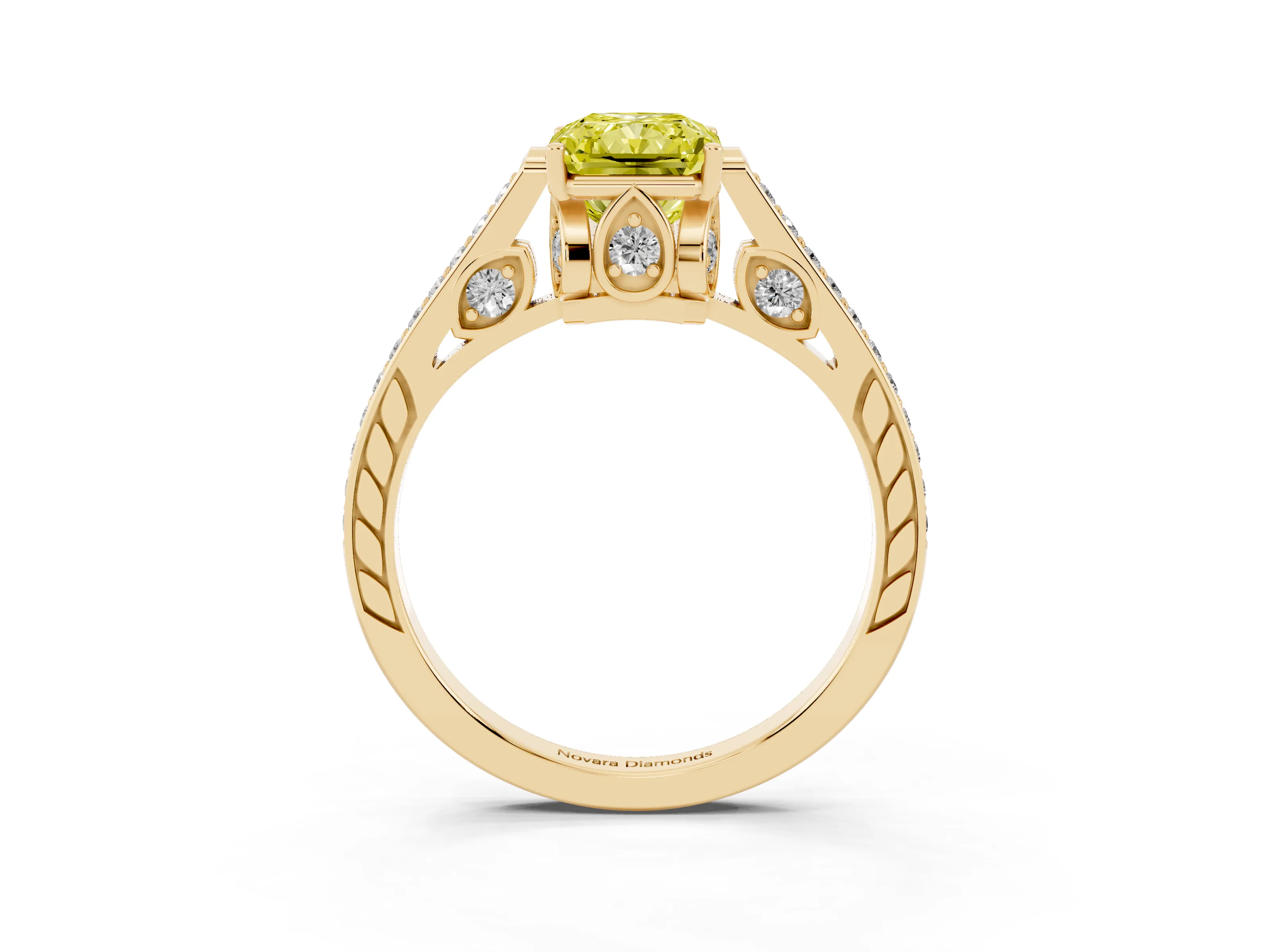 Fancy Yellow Radiant Cut Diamond Cathedral Pavé Engagement Ring Set in Yellow gold with Prong Setting