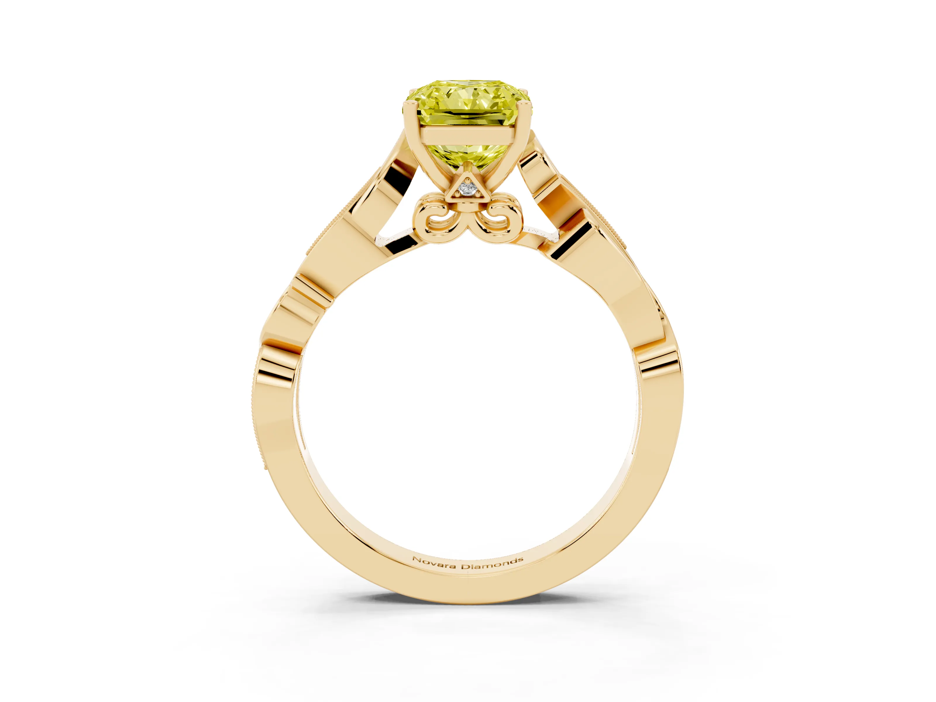Fancy Yellow Radiant Cut Diamond Vine Band Solitaire Ring Set in Yellow gold with Milgrain Prong Setting