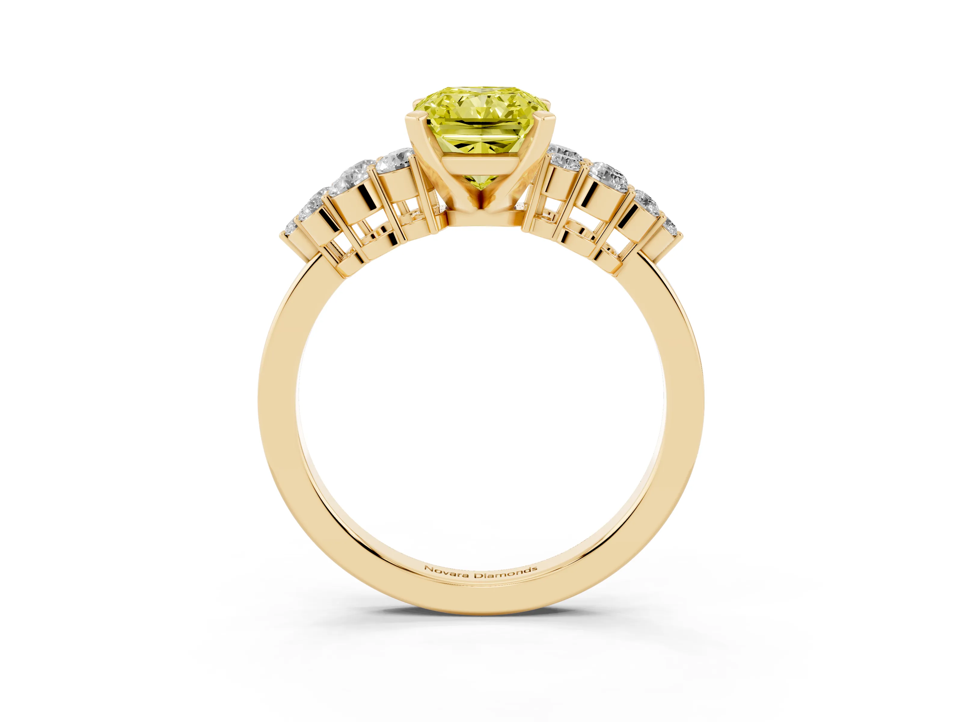 Fancy Yellow Radiant Cut Diamond Cluster Engagement Ring Set in Yellow gold with Pavé Band and Prong Setting