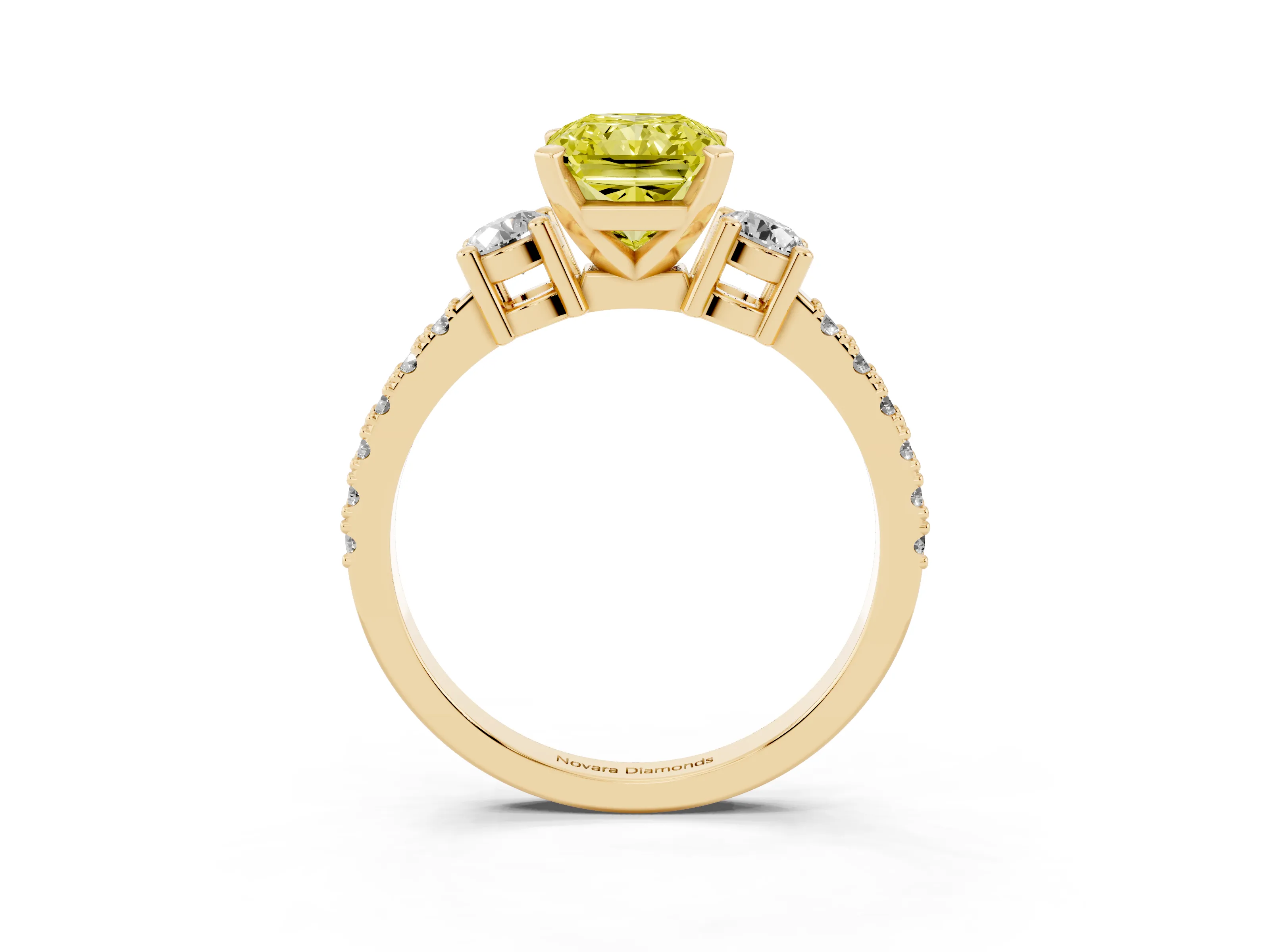 Fancy Yellow Three-Stone Radiant Cut Diamond Pavé Band Ring Set in Yellow gold with Prong Setting