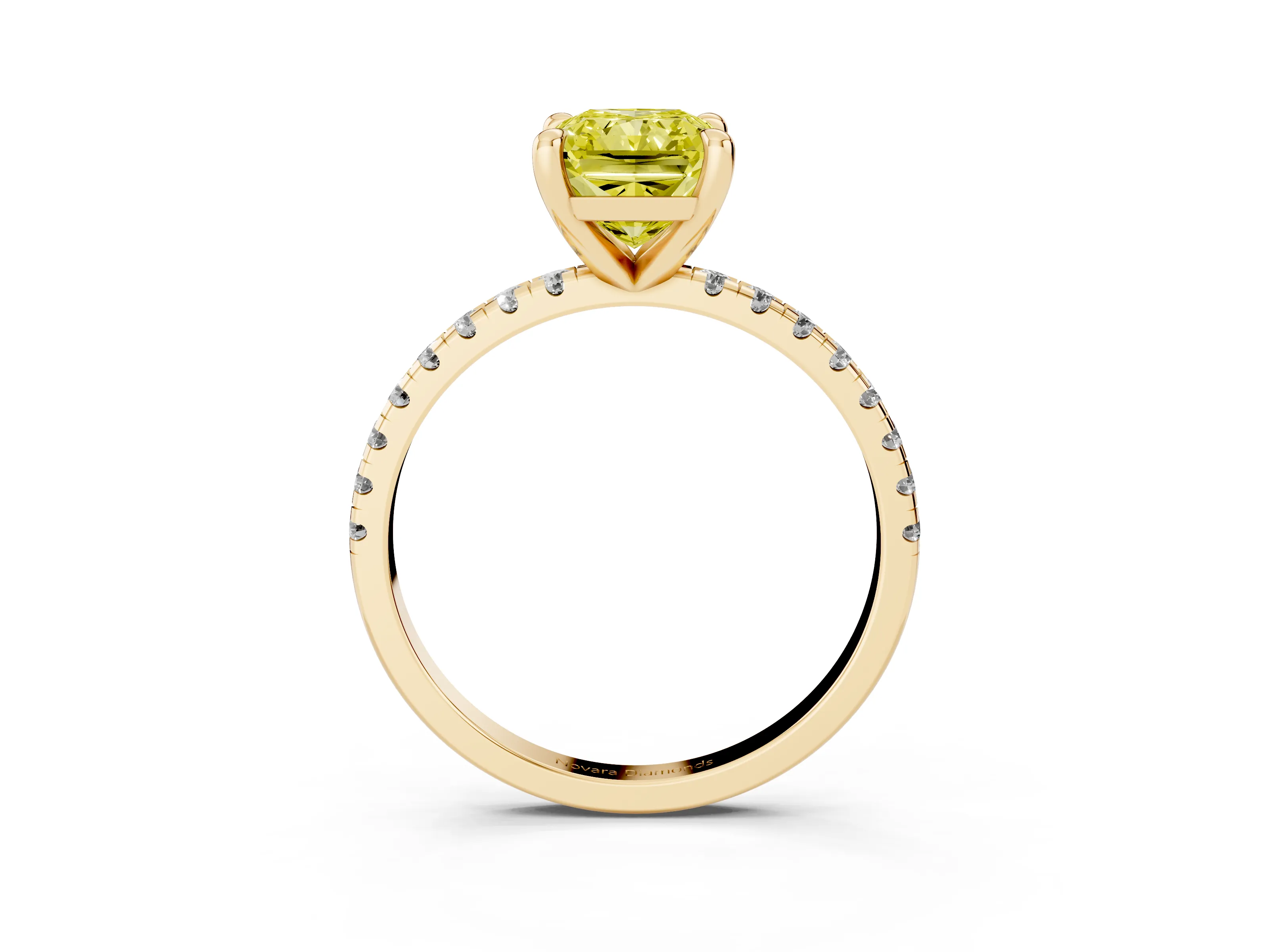 Fancy Yellow Radiant Cut Diamond Brilliant Solitaire Ring Set in Yellow gold with Pavé Band and Prong Setting