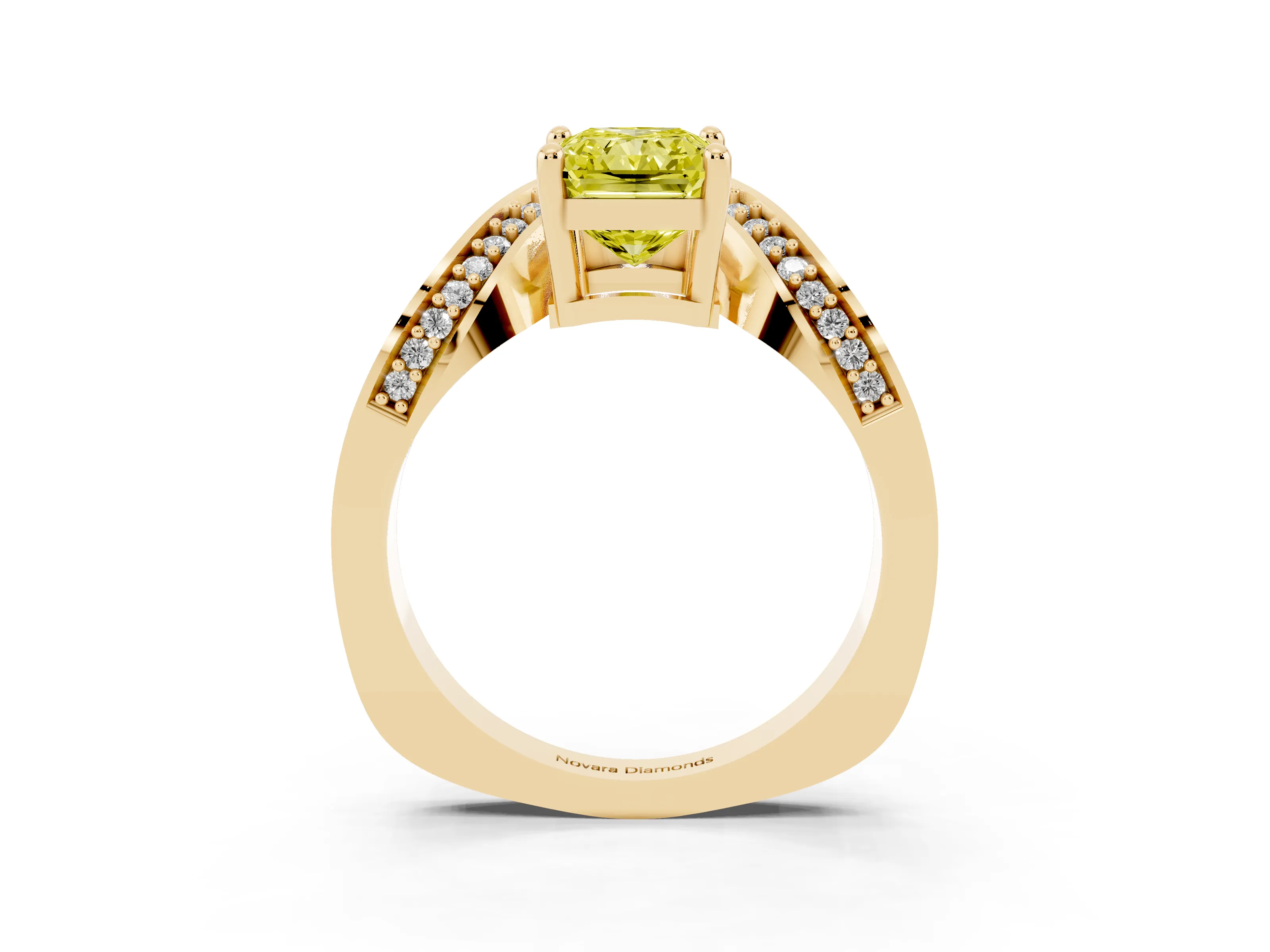 Fancy Yellow Radiant Cut Diamond Solitaire Engagement Ring Set in Yellow gold with Pavé Shoulders