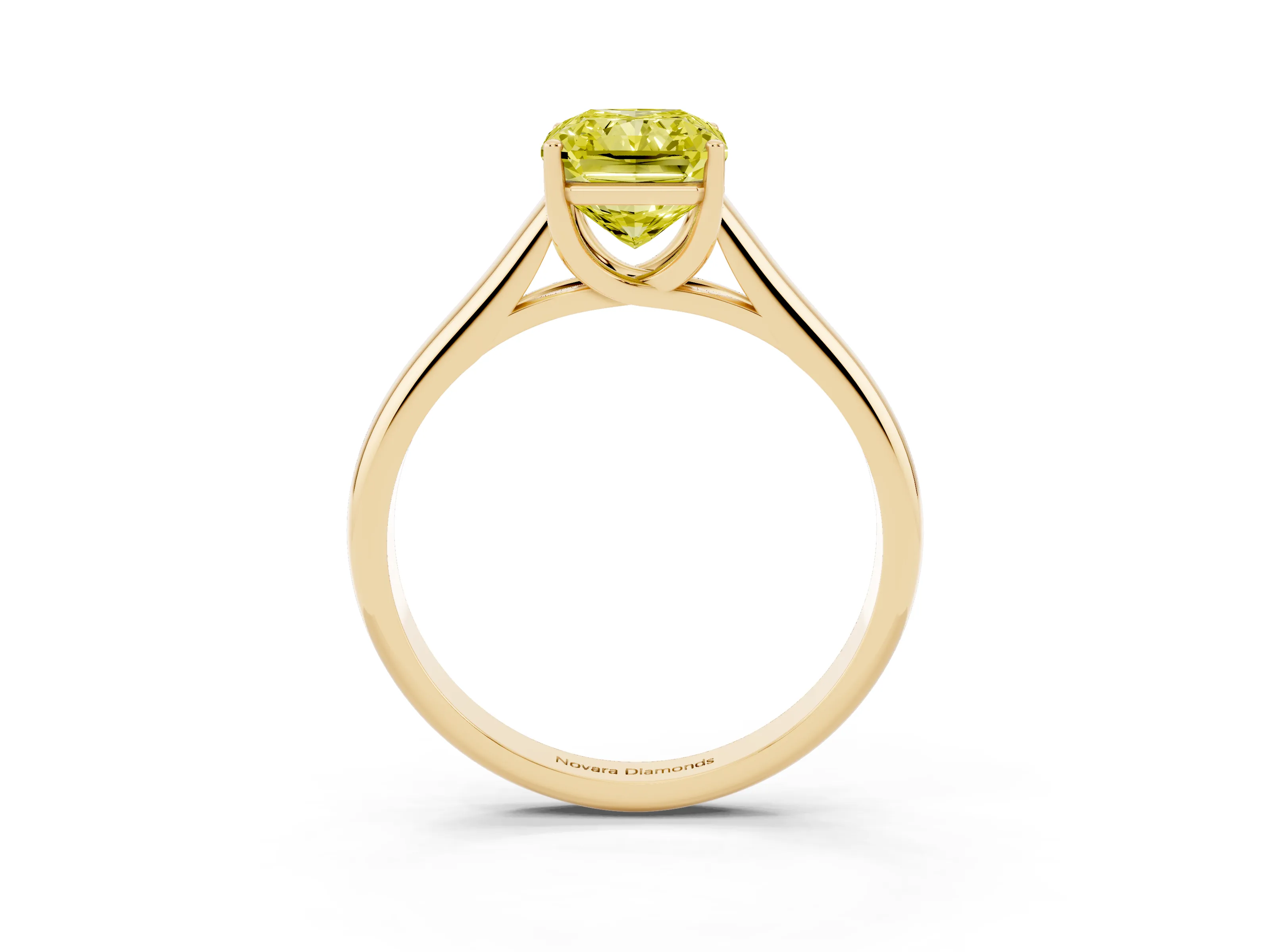 Fancy Yellow Radiant Cut Diamond Solitaire Engagement Ring Set in Yellow gold with Subtly Tapered Band and Prong Setting